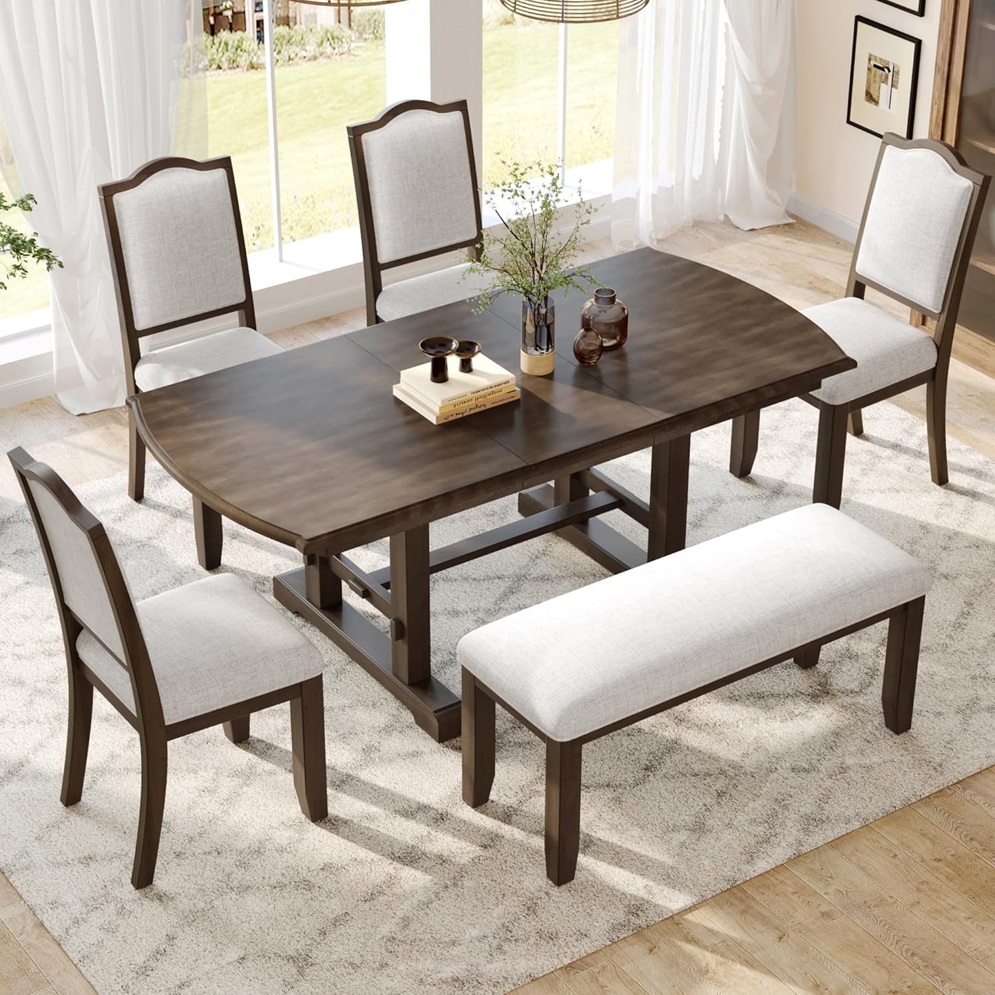 Ball & Cast 60"-78" Extendable Farmhouse Dining-Table for 6-8, Expandable Wooden Kitchen Table with 18" Removable Leaf, Large Retro H-Leg Dining Room Table for 4-8,Space Saving & Sturdy, Brown