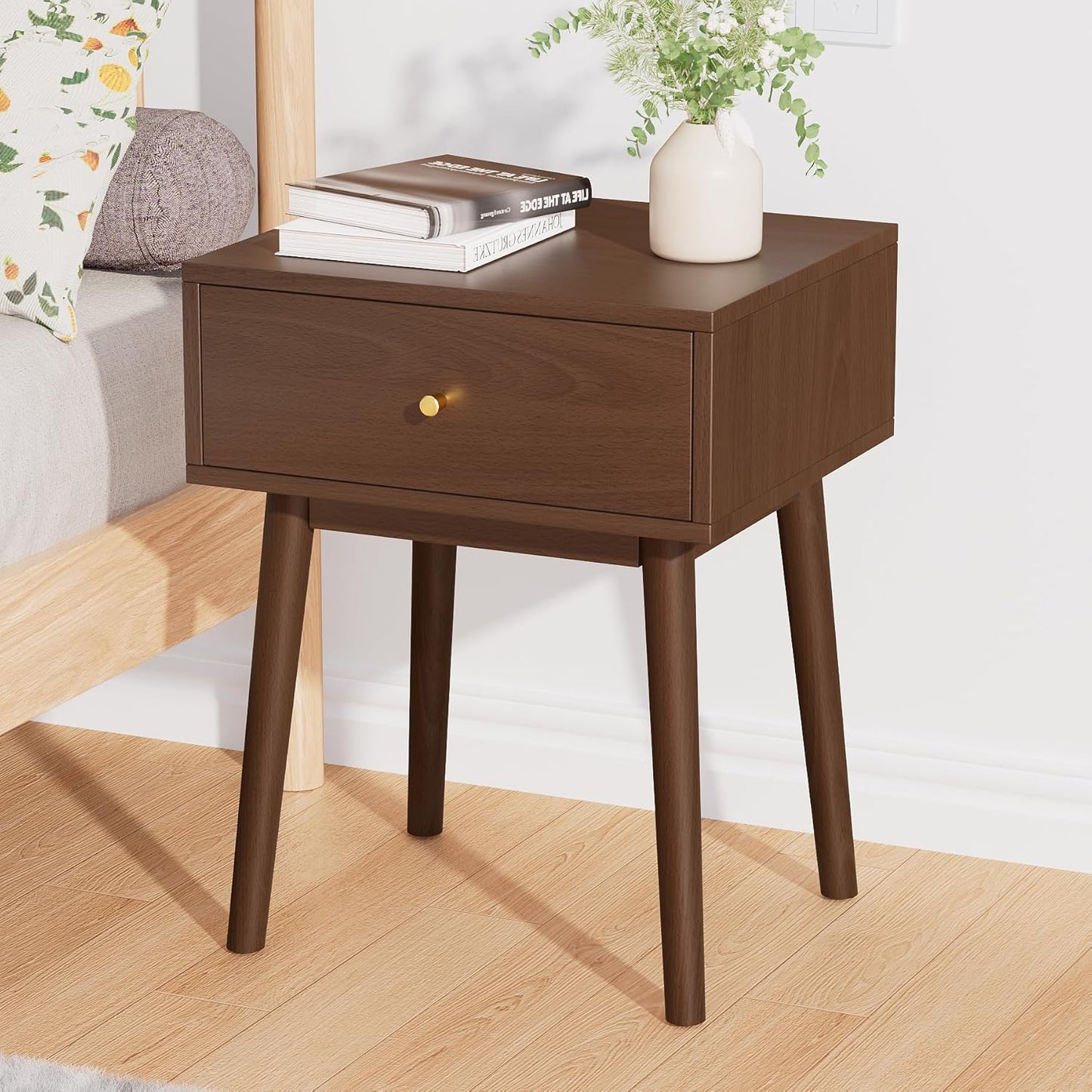 Small Solid Wood end Table with 1 Drawers, Mid-Century Modern Night Stand/nightstands,Side Table with Storage (Espresso)