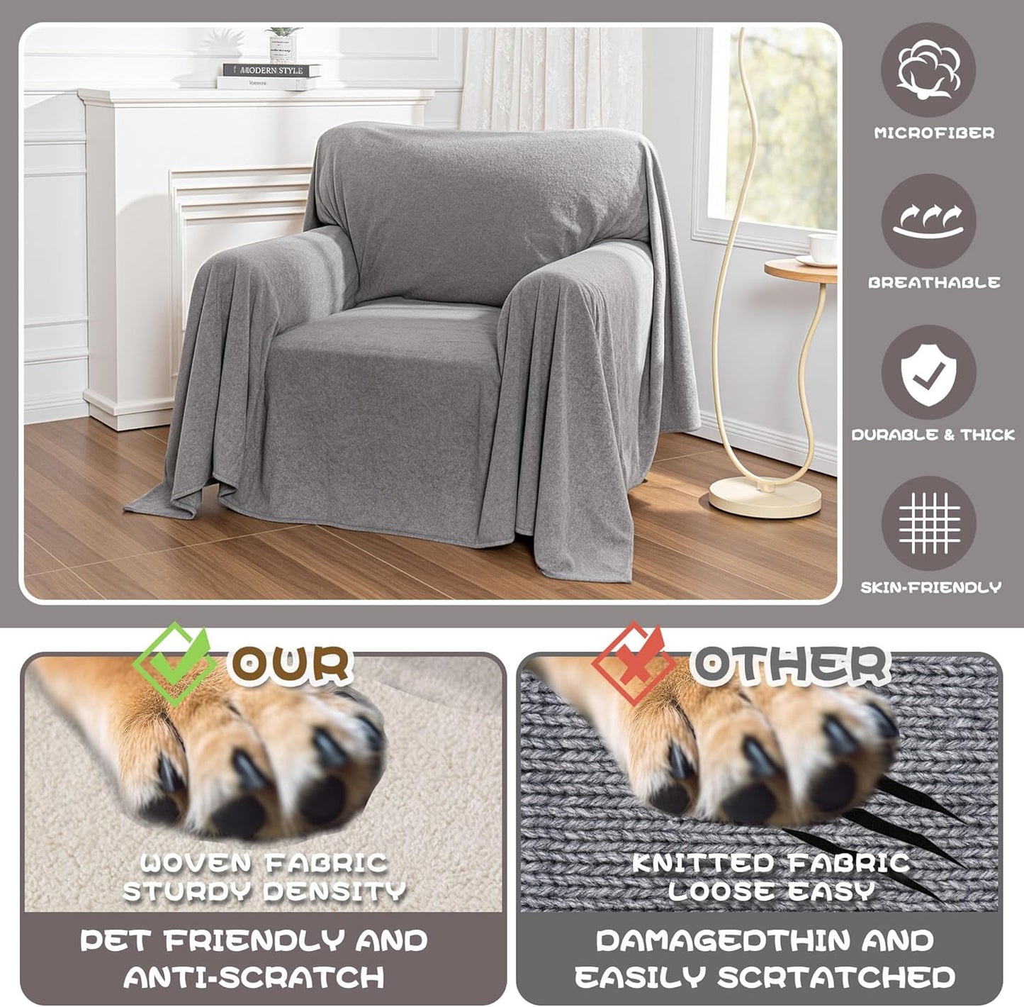 MYSKY HOME Armchair Couch Cover, Sofa Covers Washable, Couch Cover for Dogs, Sofa Slipcovers for 1 Cushion, Furniture Protector Cover, Soft Thick Sofa Throws, 71" x 91", Grey