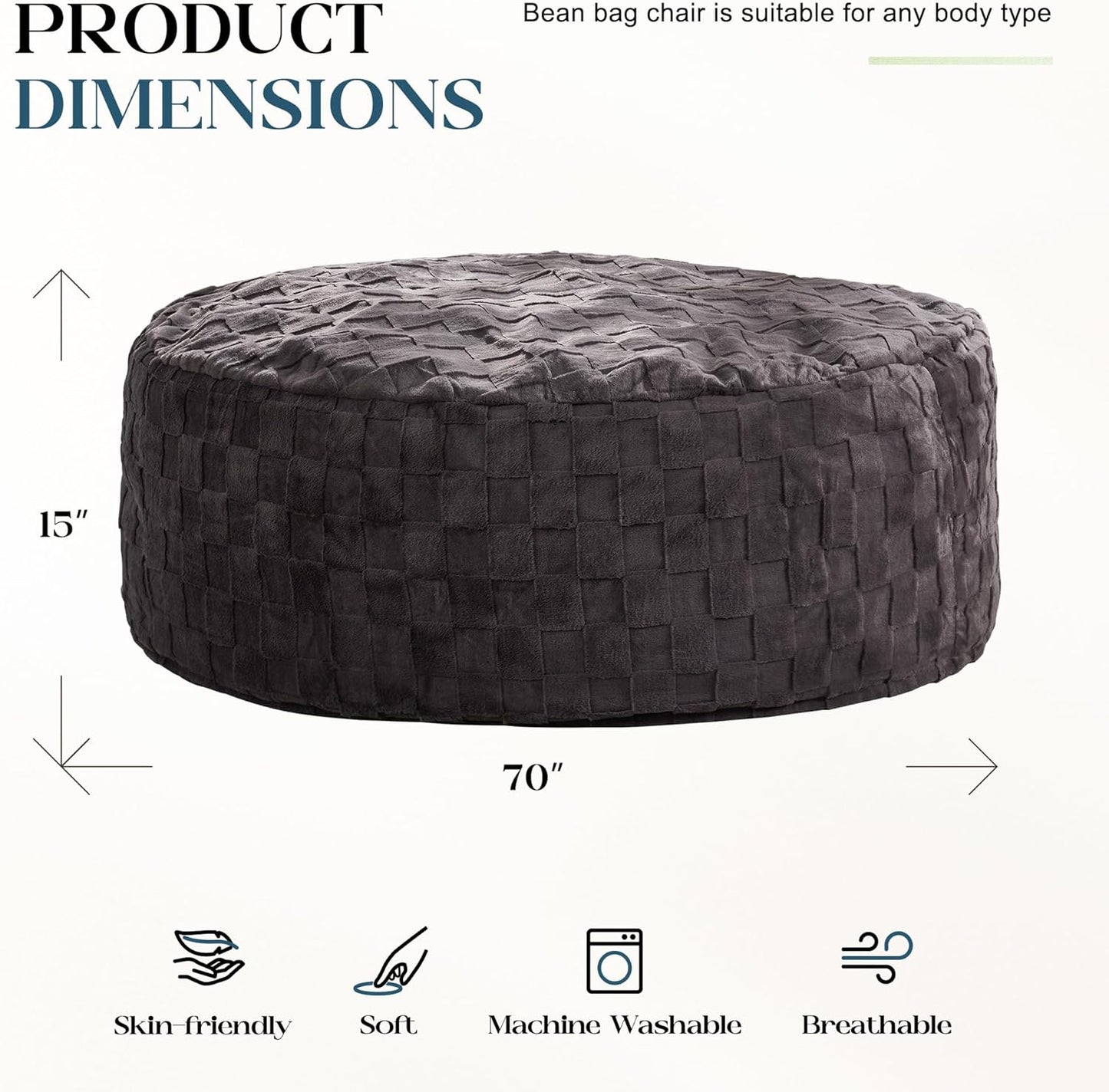 Hobestluk Bean Bag Chairs Beanbag Chair with Filler Adult Bean Bags with Fluffy Cover, Giant Bean Bag Chairs for Adults for Living Room, Bedroom (Dark Grey, 6FT - 70" x 70" x 15")