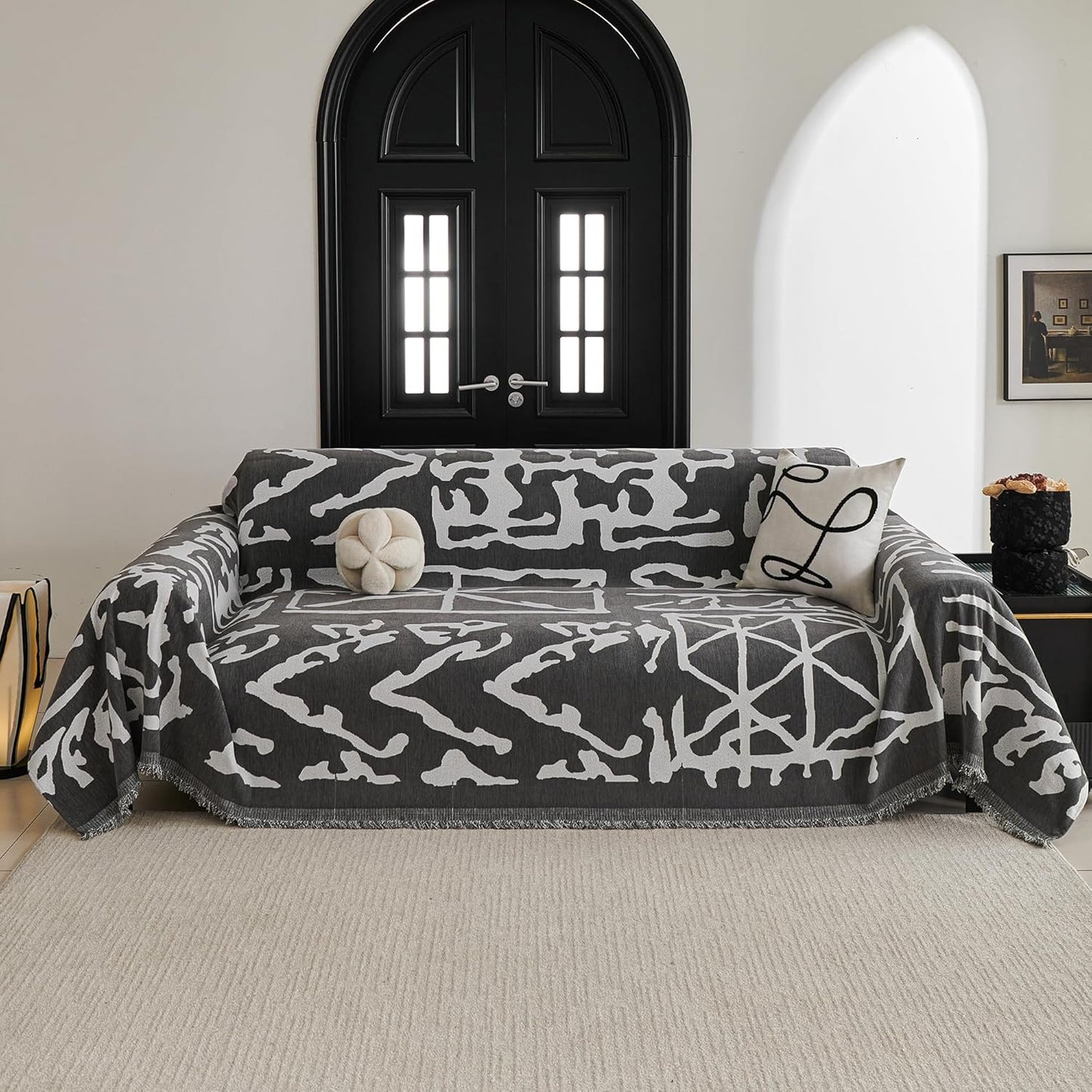 MYSKY HOME Boho Couch Cover Sofa Covers, Couch Covers for 2 Cushion Couch Sofa, Chenille L Shape Sectional Couch Cover - Pet-Friendly, Machine Washable, Sofa Protector for Kid, 71"x118", Grey Geometry