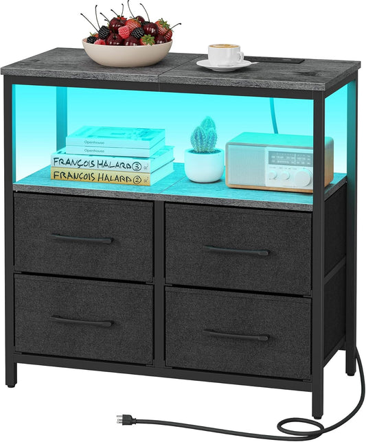 TUTOTAK LED Night Stand with Charging Station, Large Nightstand with USB and Type-C Port, Bedside Table with Cloth Drawers, End Table for Livingroom, Bedroom, Charcoal Grey TB01BY081L