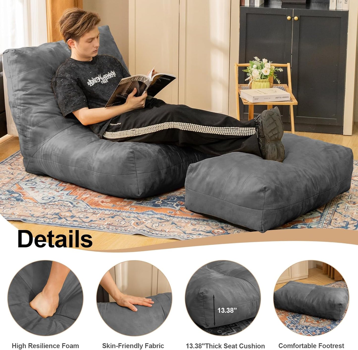 Bean Bag Chair with Ottoman, Comfy Bean Bag Sofa with Memory Foam, Lazy BeanBag Sofa with Footstool, Fireside Bean Bag Couch for Living Room, Bedroom, Apartment