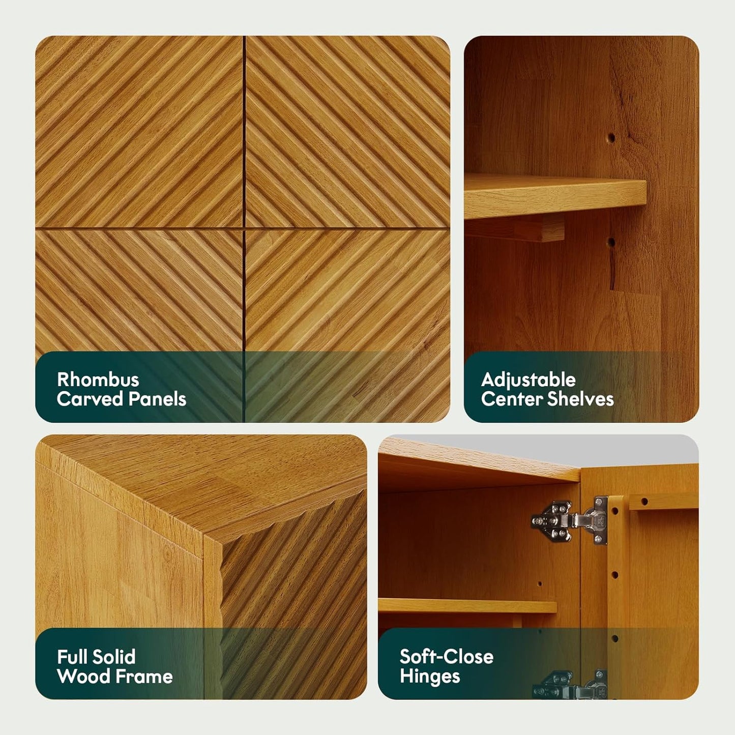 Bme Rhombus Wooden TV Stand with Storage Cabinets – Solid Acacia Wood, Geometric Rhombus Pattern Doors, Scandinavian Modern Entertainment Console with Metal Base