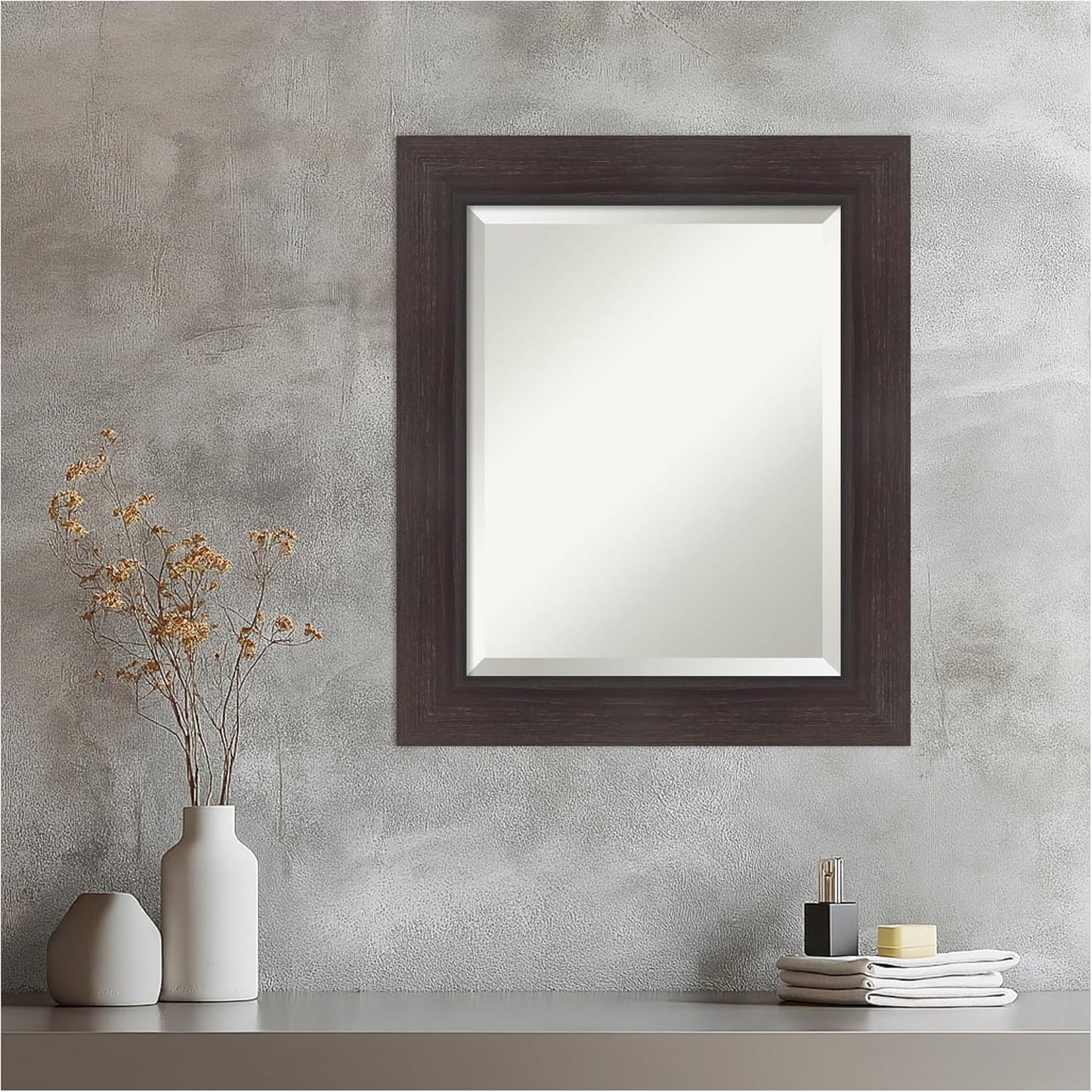 Amanti Art Brown Wall Mirror 26x22 Sloped Espresso Rectangle Bathroom Mirror for Wall Decor Living Room, Small Modern Contemporary Frame, Hangs Horizonally and Vertically, Bathroom Decor, Beveled Edge