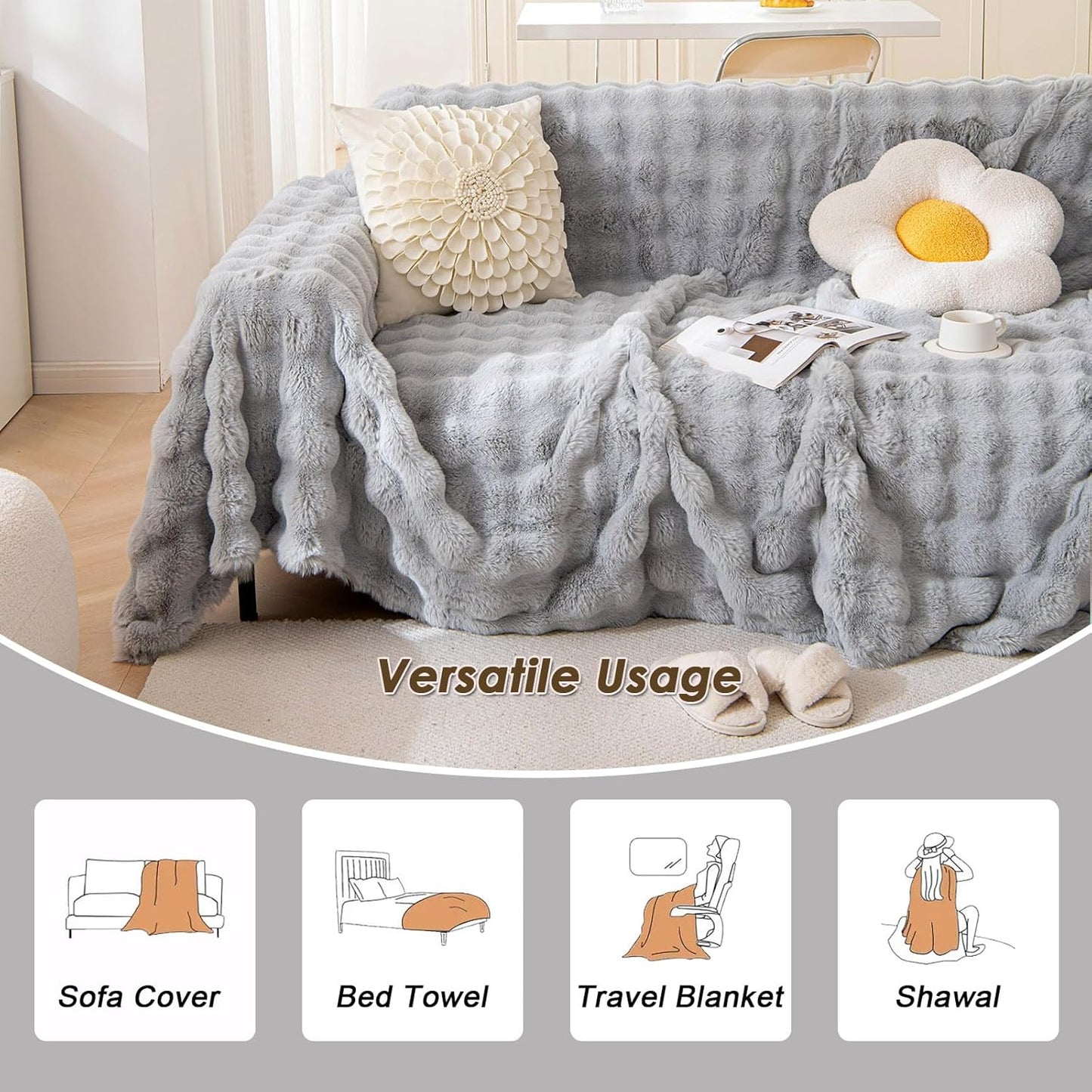VM VOUGEMARKET Grey Couch Cover 1-Piece Universal Thick Faux Rabbit Fur Sofa Throw Cover Warm Soft Smooth Loveseat Cover Furniture Cover,Fluffy Plush Throw Blanket- Grey,71" x 118"