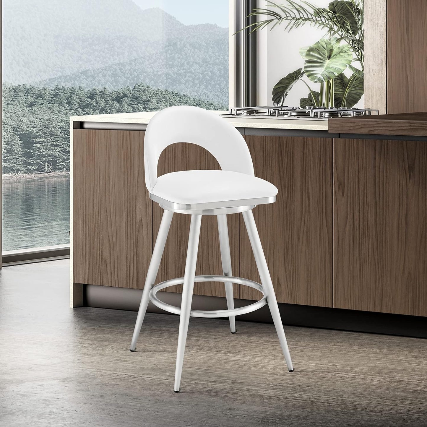 Armen Living Charlotte Swivel Bar Stool in Brushed Stainless Steel with White Faux Leather