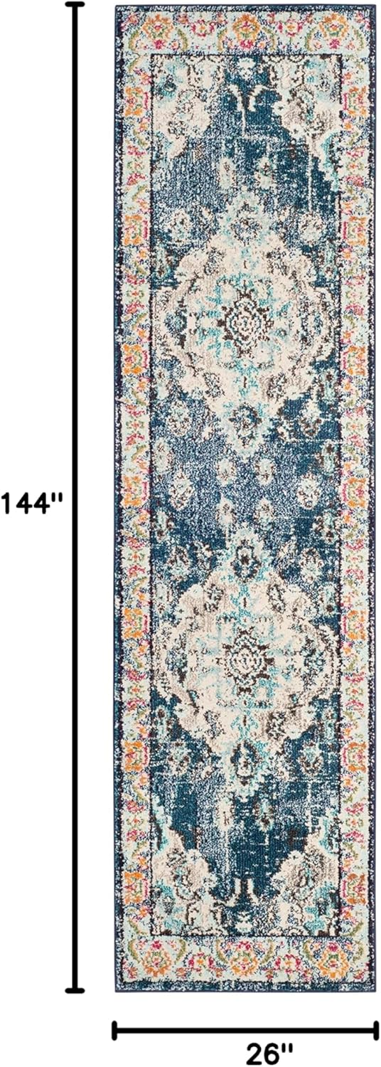 SAFAVIEH Monaco Collection Runner Rug - 2'2" x 12', Navy & Light Blue, Boho Chic Medallion Distressed Design, Non-Shedding & Easy Care, Ideal for High Traffic Areas in Living Room, Bedroom (MNC243N)
