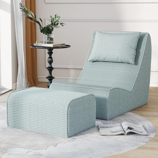 Giant Bean Bag Chair for Adults,Corduroy Chaise Lounge with Unrivaled Back Support, Detachable Neck Pillow, Comfortable Ottoman & Washable Cover for Living Room, Bedroom, Garden(Mint Green)