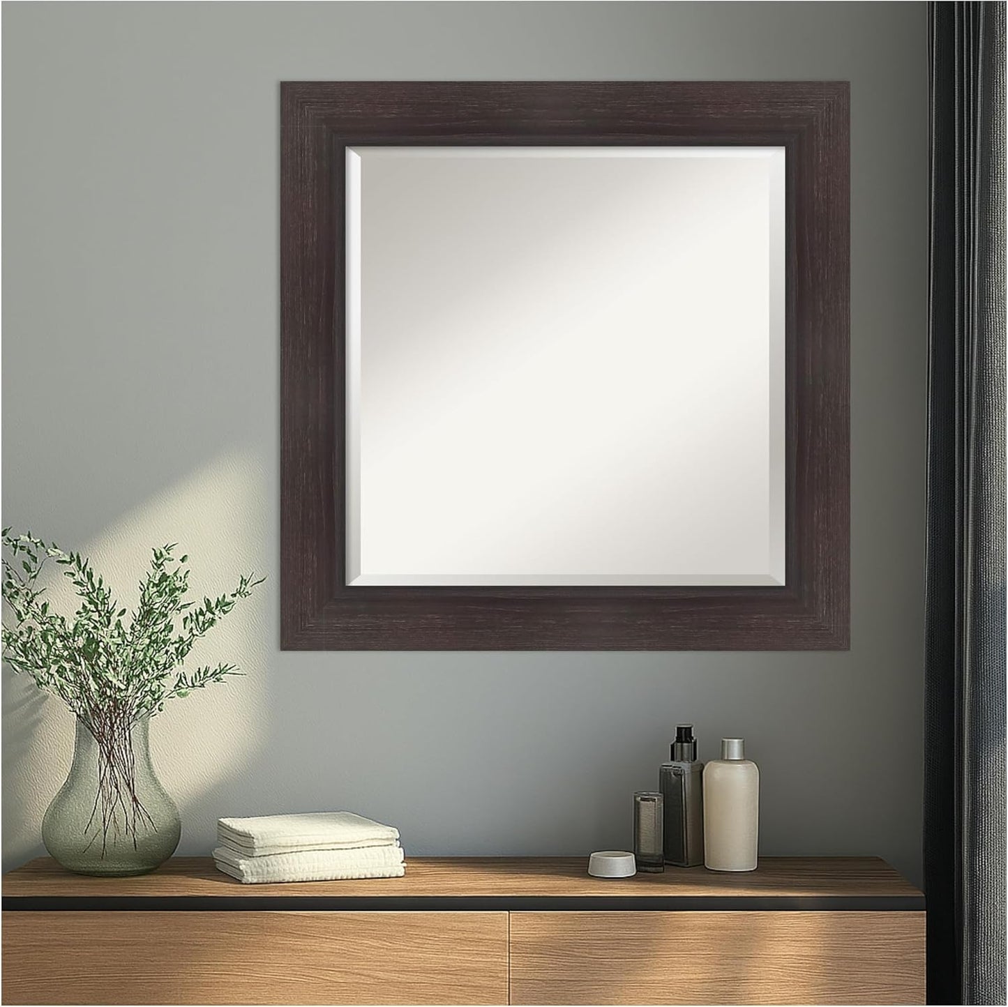 Amanti Art Brown Wall Mirror 26x26 Sloped Espresso Square Bathroom Mirror for Wall Decor Living Room, Medium Modern Contemporary Frame, Hangs Horizonally and Vertically, Bathroom Decor, Beveled Edge