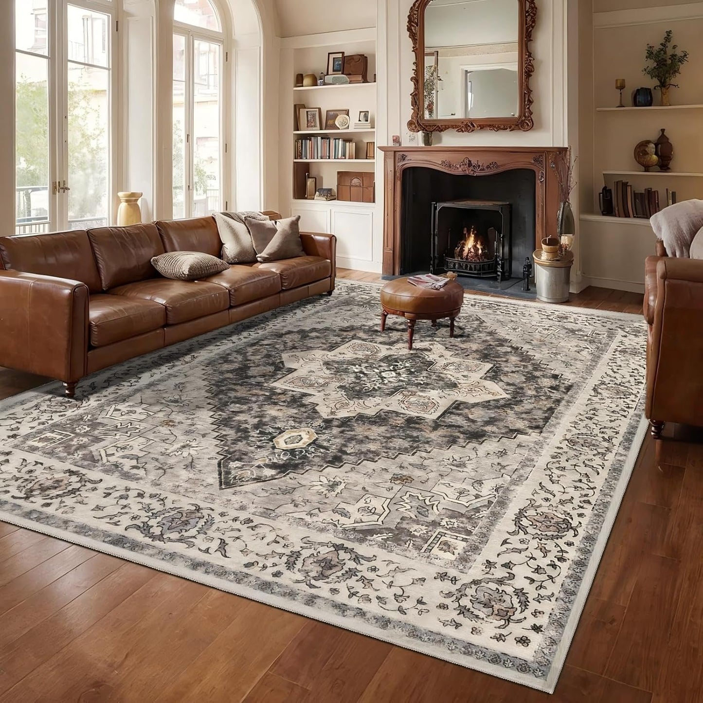 9x12 Vintage Area Rugs for Living Room, Washable Indoor Non Slip Large Area Rugs, Print Distressed Brown Carpet, Soft Low Pile Rug Foldable Floor Rug for Bedroom Dining Room Dorm
