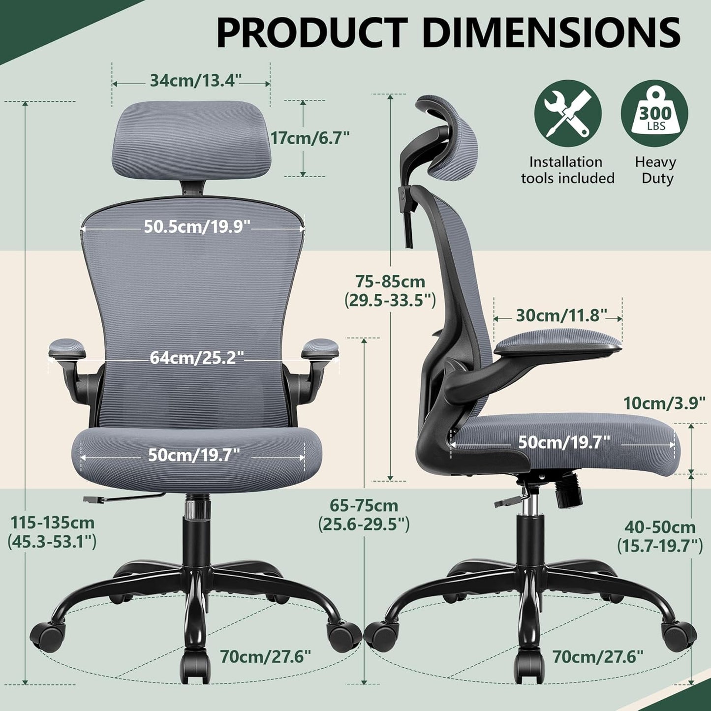 FelixKing Office Desk Chairs, Ergonomic PC Desk Chair with Wheels, Adjustable Lumbar Support and Height, Swivel Computer Chair with Flip-up Armrests, Ergo Mesh Backrest for Working (Dark Gray)