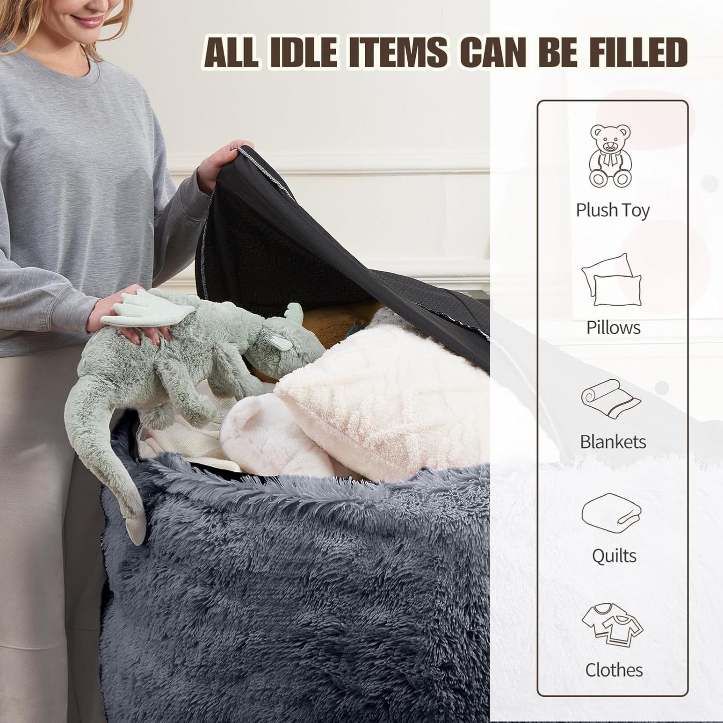 Bean Bag Chair Cover(No Filler) Soft Faux Fur Stuffed Animal Bean Bag Storage, Fluffy Plush Bean Bag Chair Cover Washable, Comfy Bean Bag Chairs for Adults, 7FT, Dark Grey