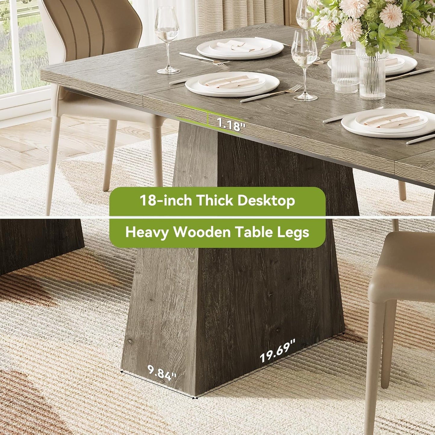 LITTLE TREE Dining Table for 6 People, Wooden Table, Rectangle Furniture with Heavy Duty Legs, Modern Kitchen Table for Home, Dining Room, Grey