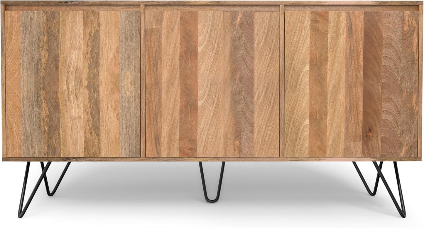 SIMPLIHOME Hunter Buffet - 60 inch Wide Solid Mango Wood 3-Door Sideboard Buffet in Natural, Contemporary Storage Cabinet for Dining Room or Kitchen with Adjustable Shelves and Metal Legs