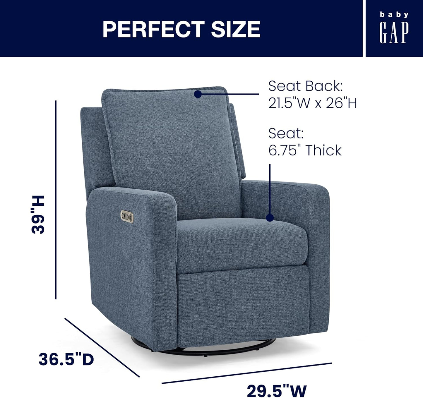 Delta Children babyGap Harlowe Power Recliner with USB-A and Type-C Ports Greenguard Gold Certified – Stain-Resistant Performance Fabric is Oeko-TEX Standard 100 Certified, Slate