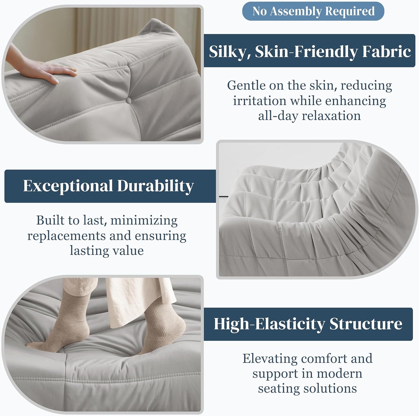 Bean Bag Chair, Large Fireside Chair Bean Bag Sofa for Adults, 3 Seater Bean Bag Chairs for Teens with High-Resilience Foam, Memory Foam Bean Bag for Living Room, Bedroom, Office (Suede, Light Gray)