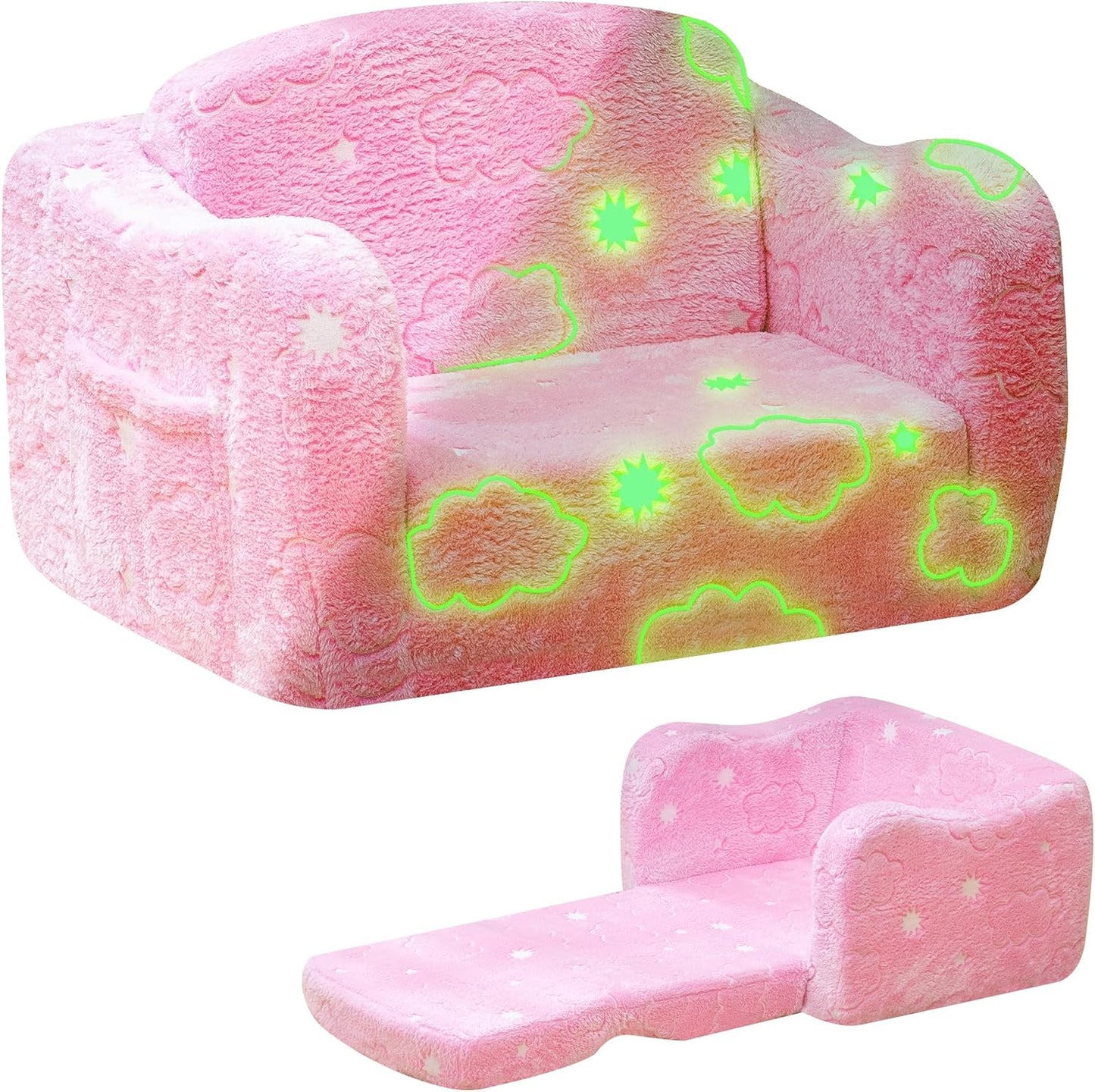 Lamerge 2-in-1 Toddler Couch,Glow in The Dark Baby Floor Bed,Foldable Toddler Chair Kids Sofa for playroom,Convertible Sofa to Lounger for Girls and Boys (Pink and Clouds)