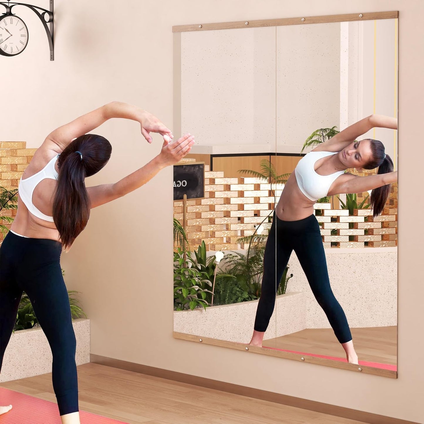 Hasipu 2Pcs 55''x17'' Home Gym Mirror Large Full Length Wall Mounted Full Body Mirror for Yoga Dance Fitness Exercise Studio Bedroom Garage, Frameless Tempered Glass Workout Mirrors Walnut Rectangular