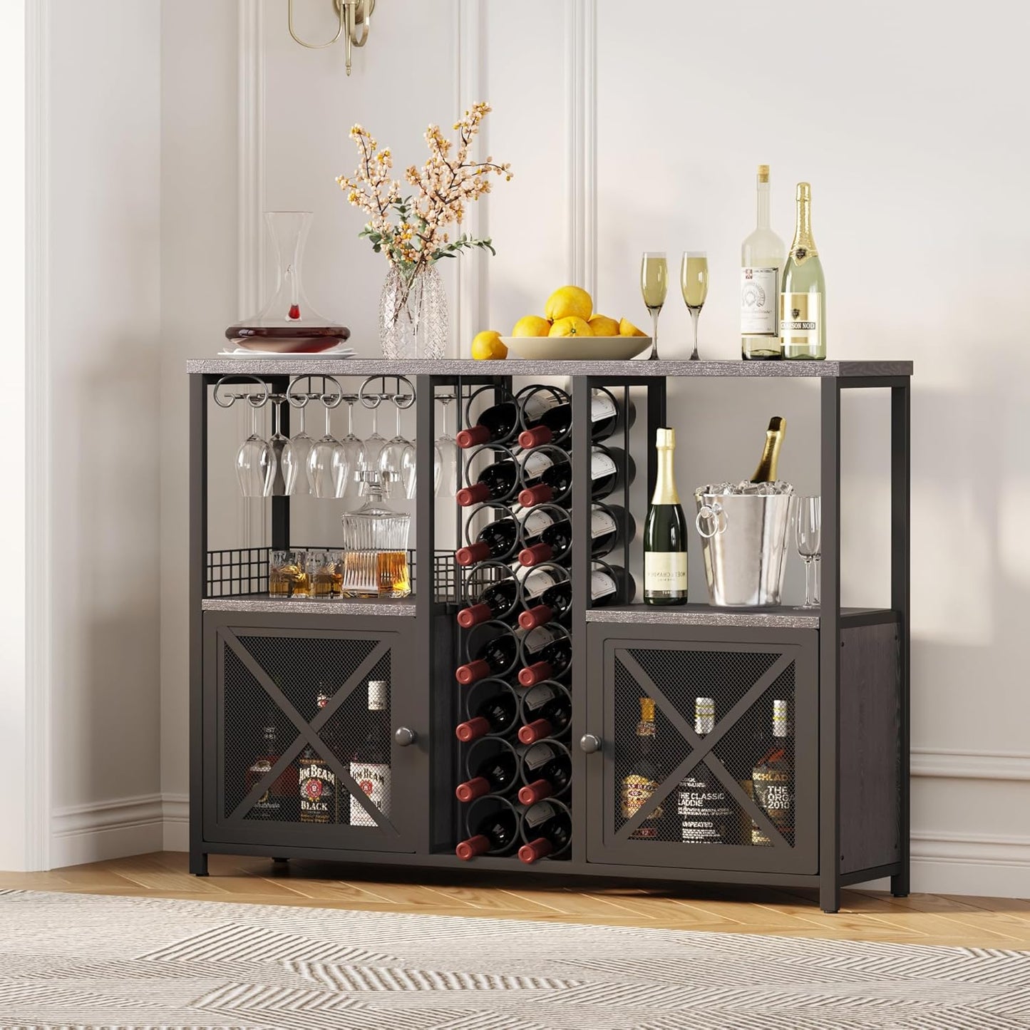 Homeiju Mini Bars for Home, Wooden Coffee Bar Cabinet, Modern Liquor Cabinet for Liquor and Glasses, Farmhouse Buffet Wine Bar Cabinet with Storage Sideboard for Home Kitchen Dining Room (Deep Grey)