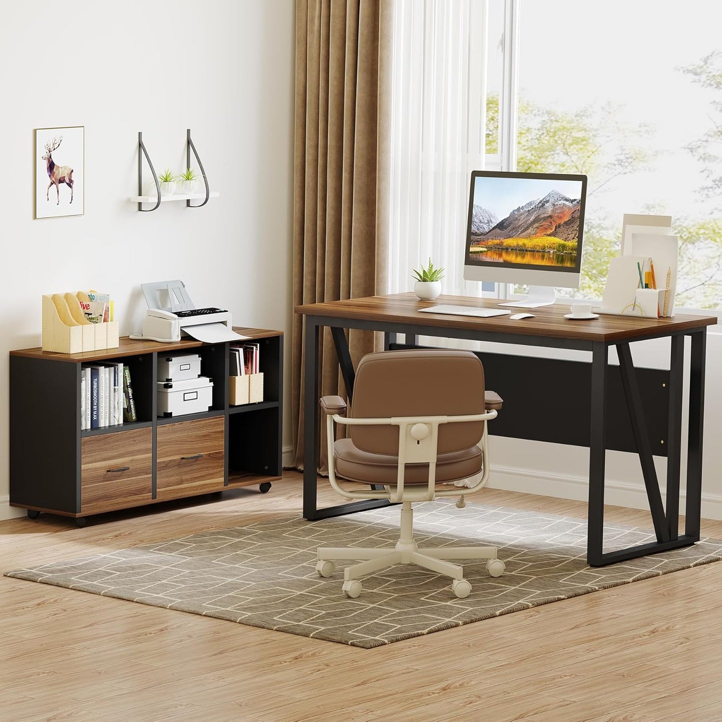 LITTLE TREE 55-Inch L-Shaped Computer Desk, Large Corner Desk with Drawers, Modern Office Workstation Study Desk, Corner Computer Desk for Home Office, Bedroom, Brown