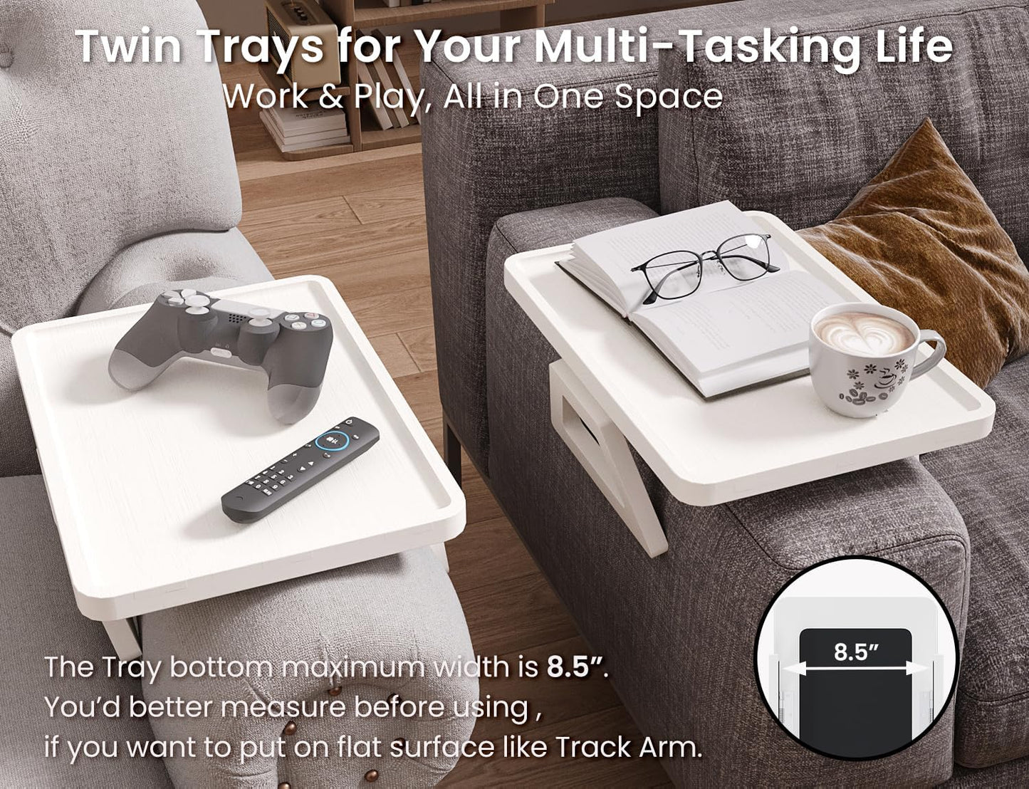 2 Pack Couch Arm Tray,Bamboo Folding Sofa Tray,Sofa Armrest Trays Clip-On Couch Desk for Drinks,Snacks,Phone,Remote Control（White）