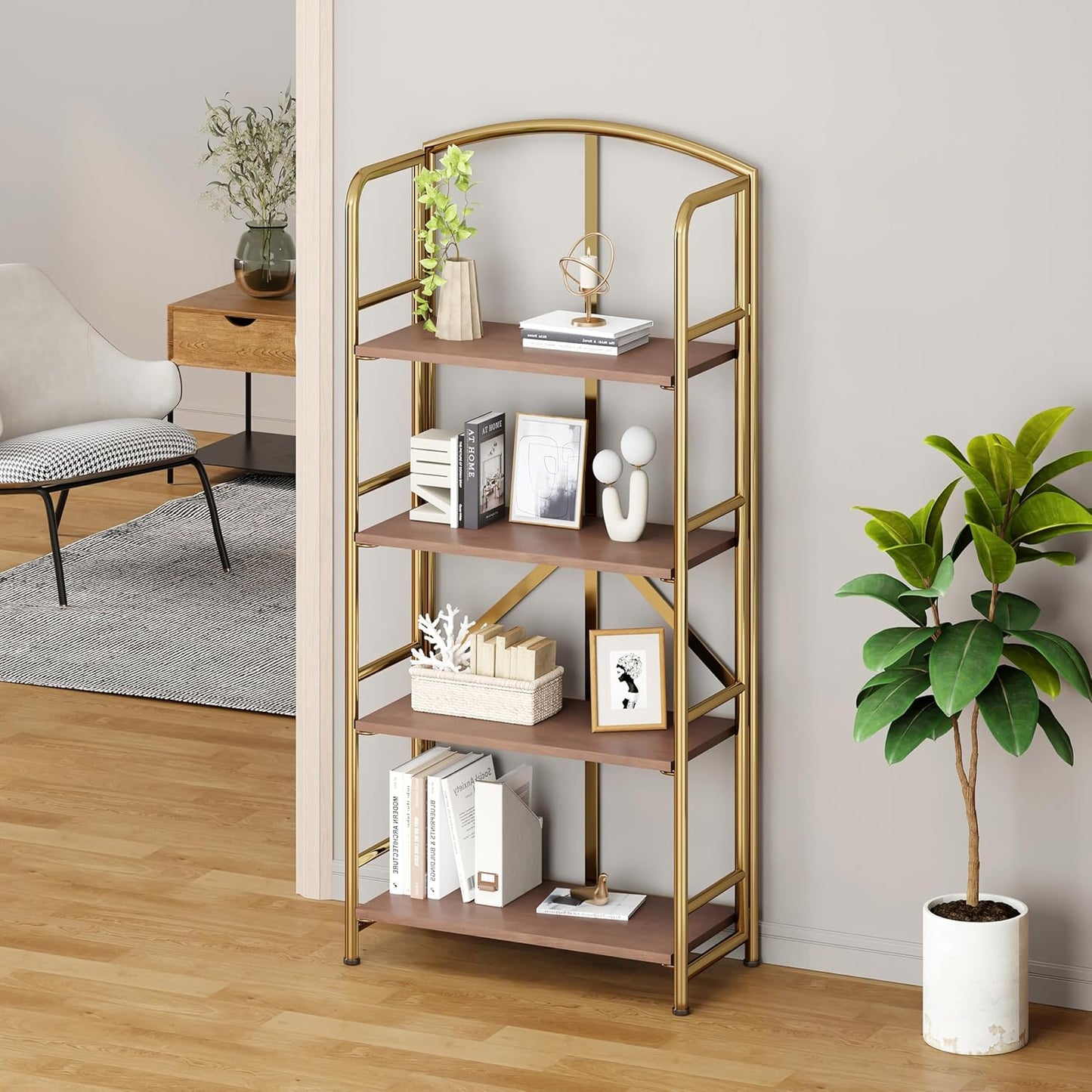 No-Assembly Folding Gold Bookshelf Storage Shelves 4 Tiers Vintage Multifunctional Plant Flower Stand Storage Rack Shelves Bookcase for Home Office