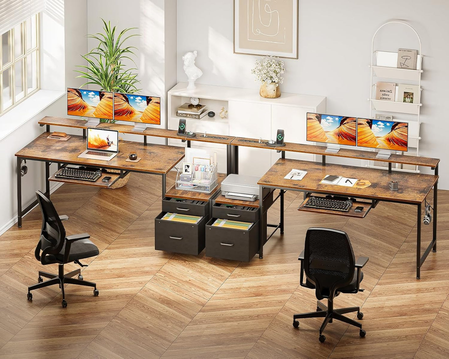 AODK Computer Desk with Drawers and Keyboard Tray, 63" Office Desk with Power Outlet, Reversible Study Work Desk with Printer Shelf and PC Stand for Home Office, Vintage