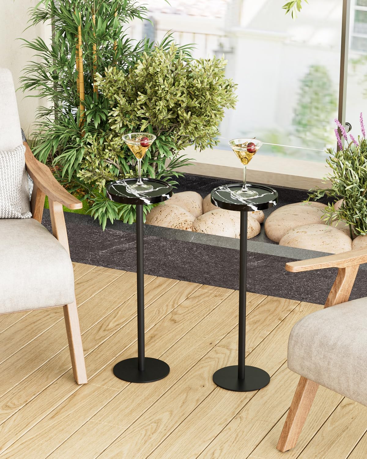 Drink Table, Small Pedestal Side Table, Round Cocktail Table, Circle Accent End Table with Metal Base, for Small Spaces (2, Black Marble)