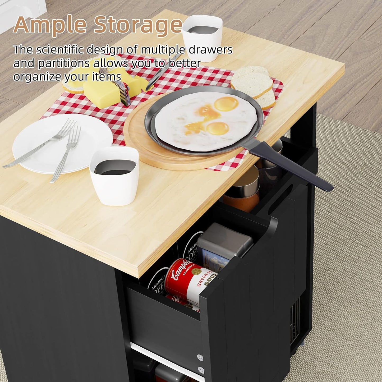 Shintenchi Kitchen Island Cart with Storage,Rolling Kitchen Island Storage Cabinet,Side Table on Wheels with Worktop,3 Open Shelves and 3 Drawers for Kitchen,Dinning Room, Black