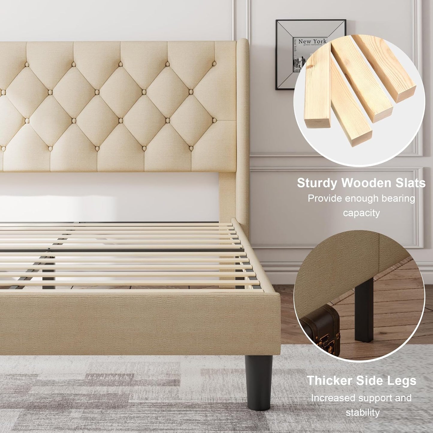 Feonase Full Size Bed Frame with Upholstered Wingback Headboard, Platform Bed and Heavy Duty Wooden Slats Support, Easy Assembly, Noise-Free, No Box Spring Needed, Beige