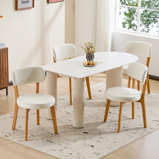 Furniliving Oak Wooden Dining Chairs Set of 4, Mid-Century Modern Linen Upholstered Kitchen Chair with Solid Wood, Farmhouse Dining Room Chairs, Beige