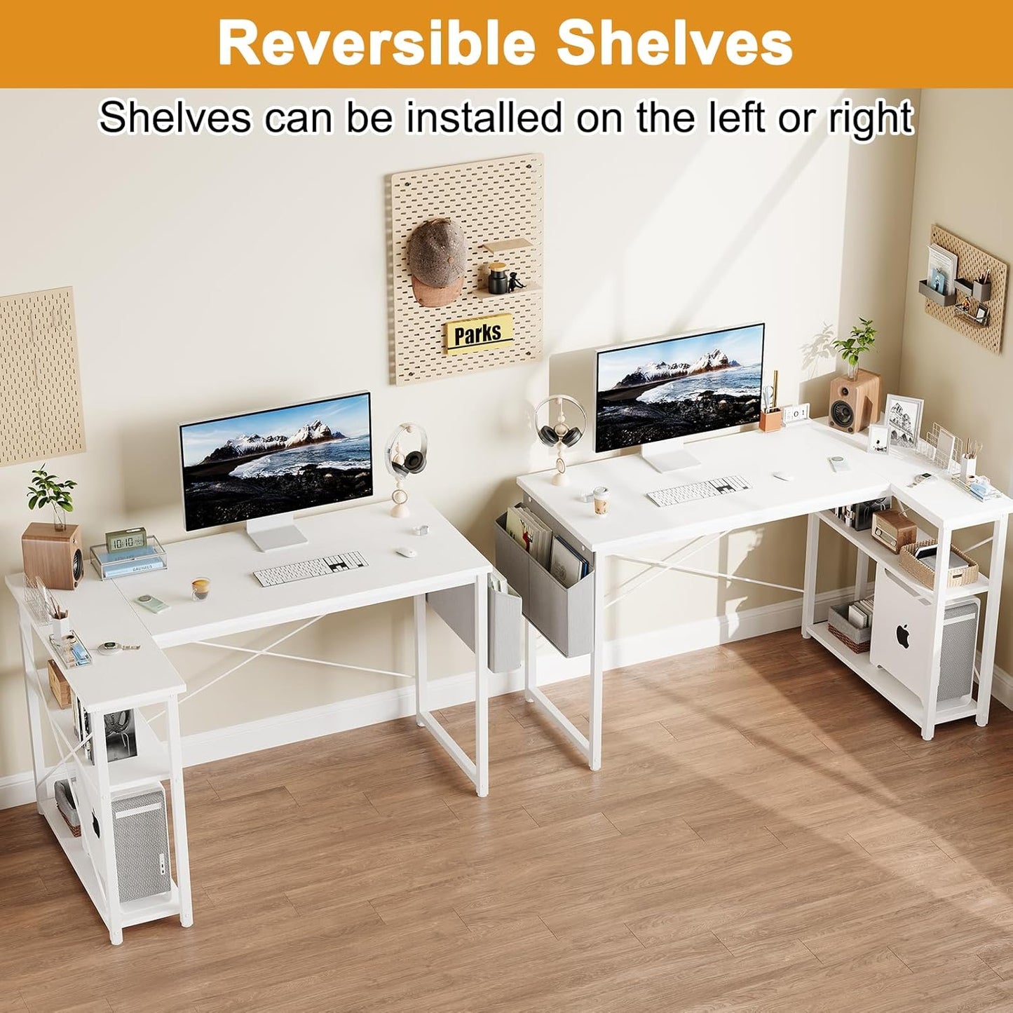L Shaped Computer Desk with Reversible Shelves, 40 Inch Small Corner Desk with Storage Bag, Gaming Desk Computer Table Study Writing Desk for Home Office Small Space, White