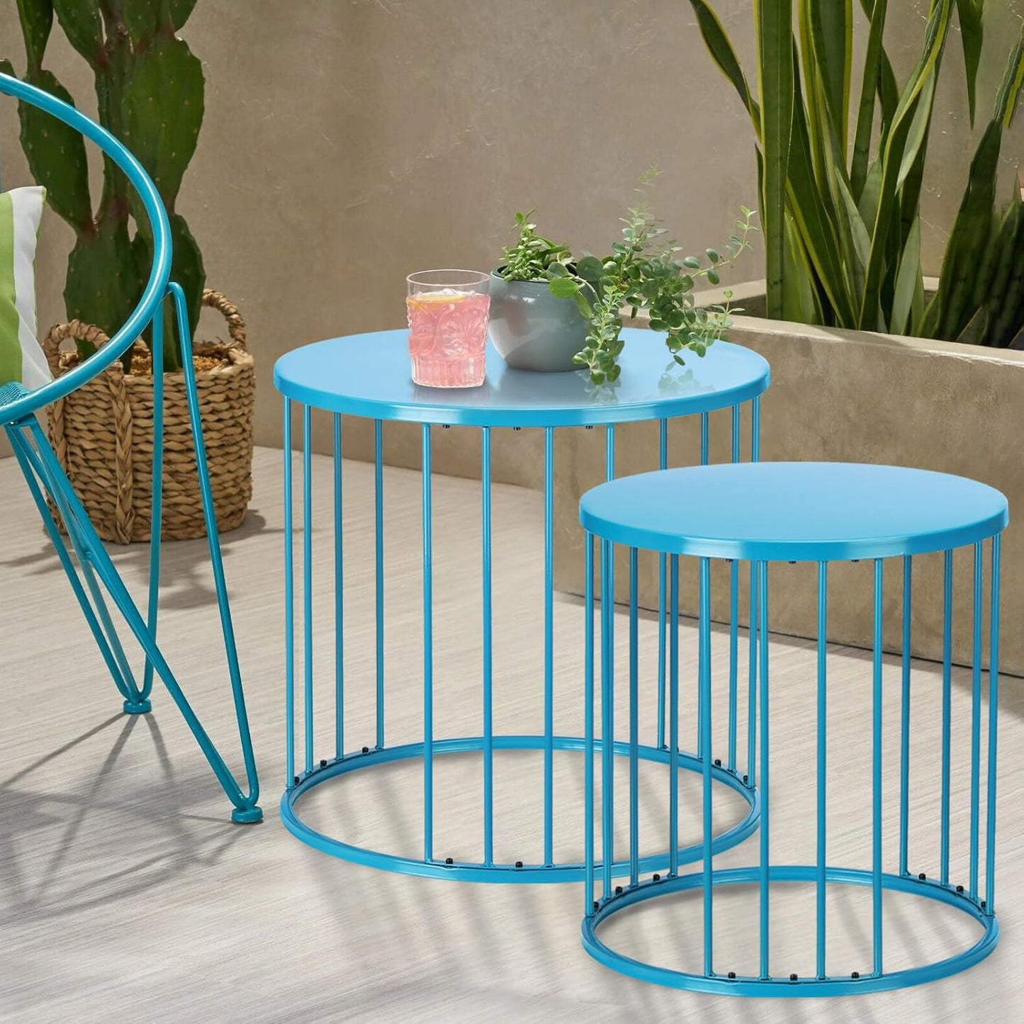 SUNNYPARK Outdoor Side Table Set of 2, Metal Circle Accent End Tables for Balcony Backyard Garden Indoor Living Room, Durable Black Nesting Coffee Tables, 20”+16” Dia