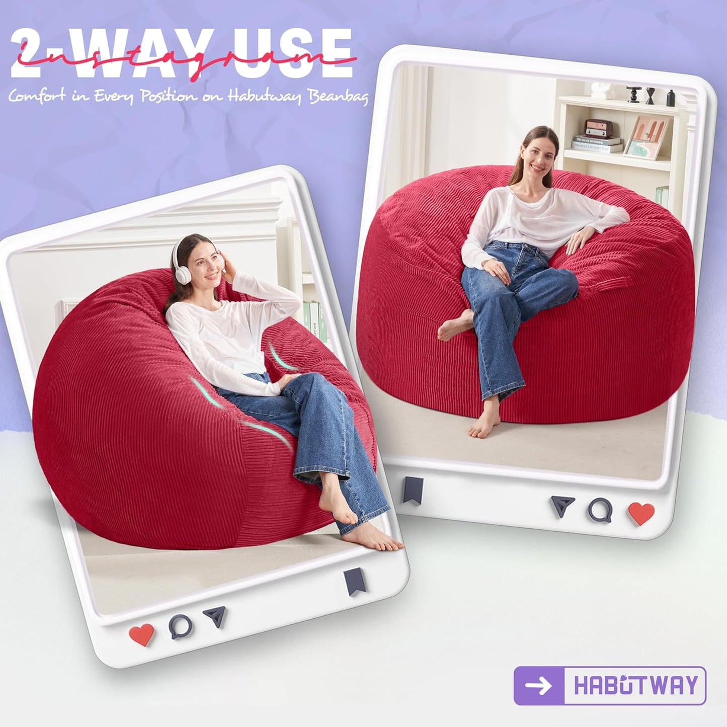 HABUTWAY 4FT Bean Bag Chair,Giant Bean Bag Chairs for Adults,Big Bean Bags with Memory Foam Filled, Large Beanbag Chairs with Soft Corduroy Cover-RED