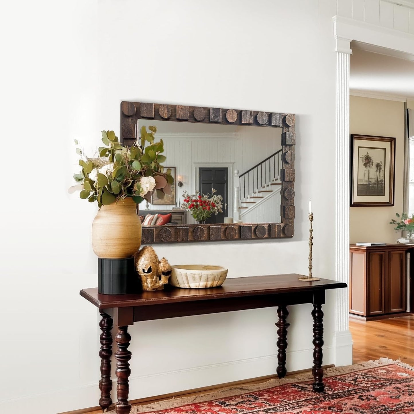 36x24 Inch Handcrafted Solid Wood Square Wall Mirror with Geometric Wood Inlay Design, Rustic Natural Texture for Bathroom, Bedroom, Living Room Decor