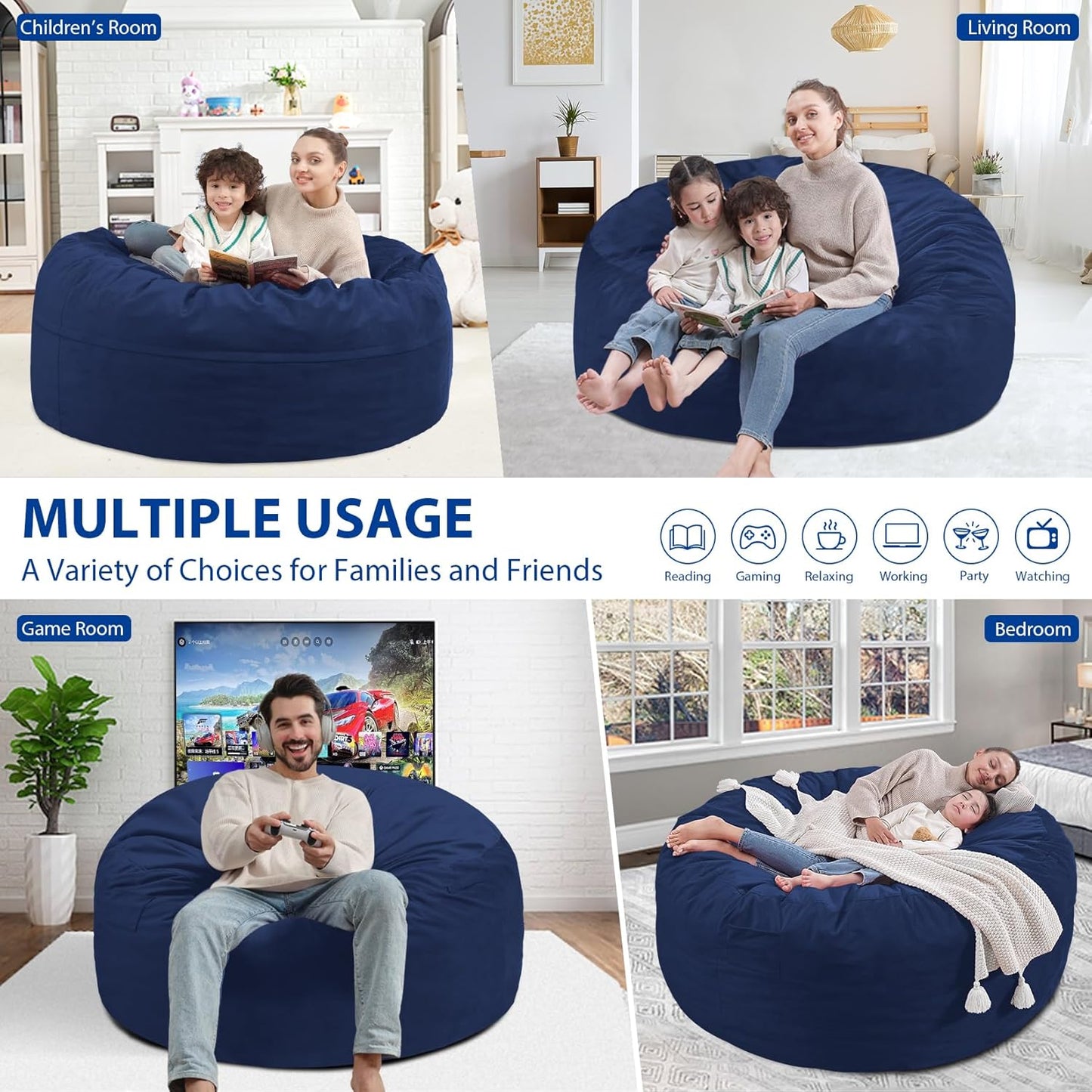 3FT Bean Bag Chair, Comfy Bean Bag Chairs with Memory Foam Filled, Fluffy Beanbag Sofa with Dutch Velvet Cover, Round BeanBag Chairs for Living Room, Playroom - Blue