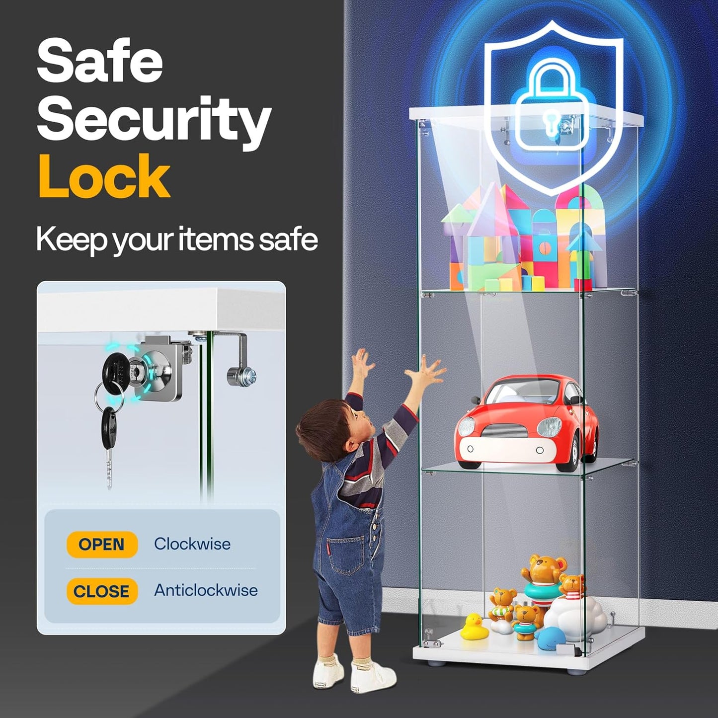 VIVOHOME 3 Layers 15.7''W x 15.7''D x 47.2''H Glass Display Cabinet Countertop Showcase with Lock, 5mm Tempered Glass 25mm MDF Base