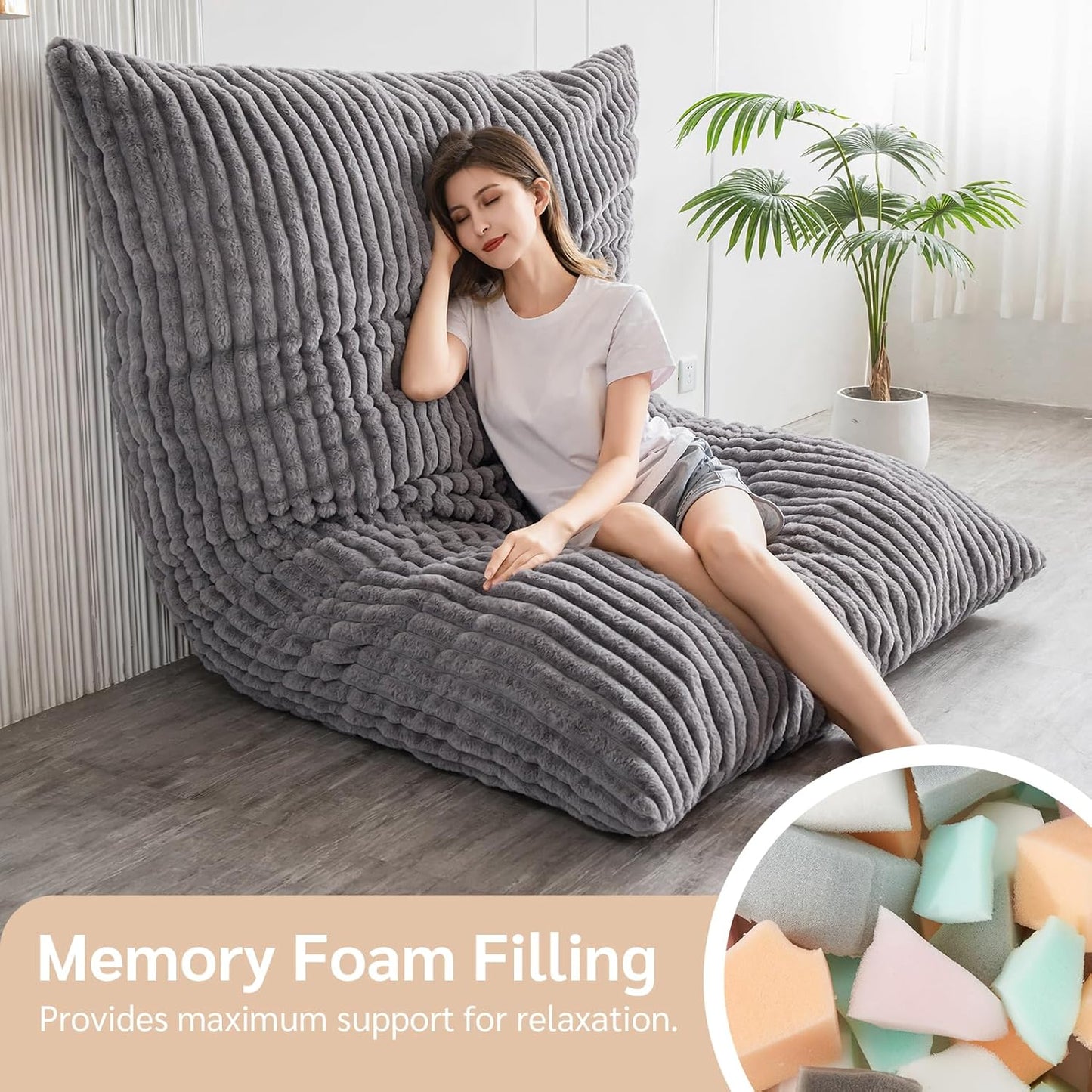 BYBYME 3 in 1 Bean Bag Chairs, Bean Bag Bed for Adults High-Density Foam Filling, Convertible Sofa Bed Faux Fur, Giant Bean Bag Chairs for Adults