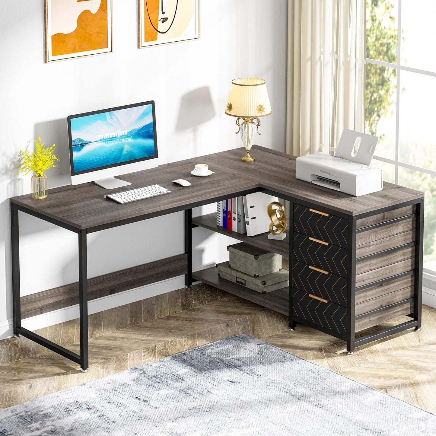 LITTLE TREE 59-Inch L Shaped Desk with Drawers, Large Computer Desk with Storage Shelves, Reversible L-Shaped Corner Desk Workstation for Home Office