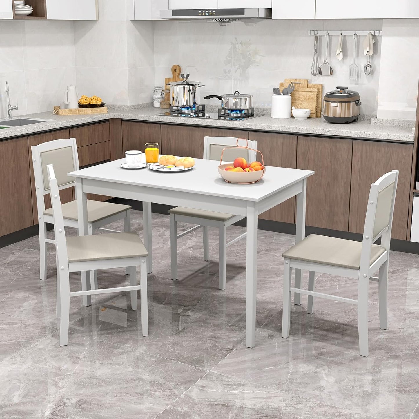 Giantex 5-Piece Dining Table Set for 4 - Breakfast Nook Table Set with Kitchen Table, 4 Upholstered Chairs, Wood Legs, Space-Saving Dinette Set, Kitchen Table Chairs Set of 4 (White+Beige)