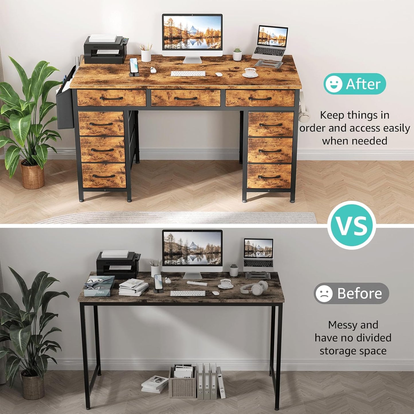 Lufeiya 47 Inch Computer Desk with 9 Drawers, Office Desk Work Desk for Home Office, Study, Writing Desk with Fabric Drawers on Both Sides, Large Storage, Rustic Brown