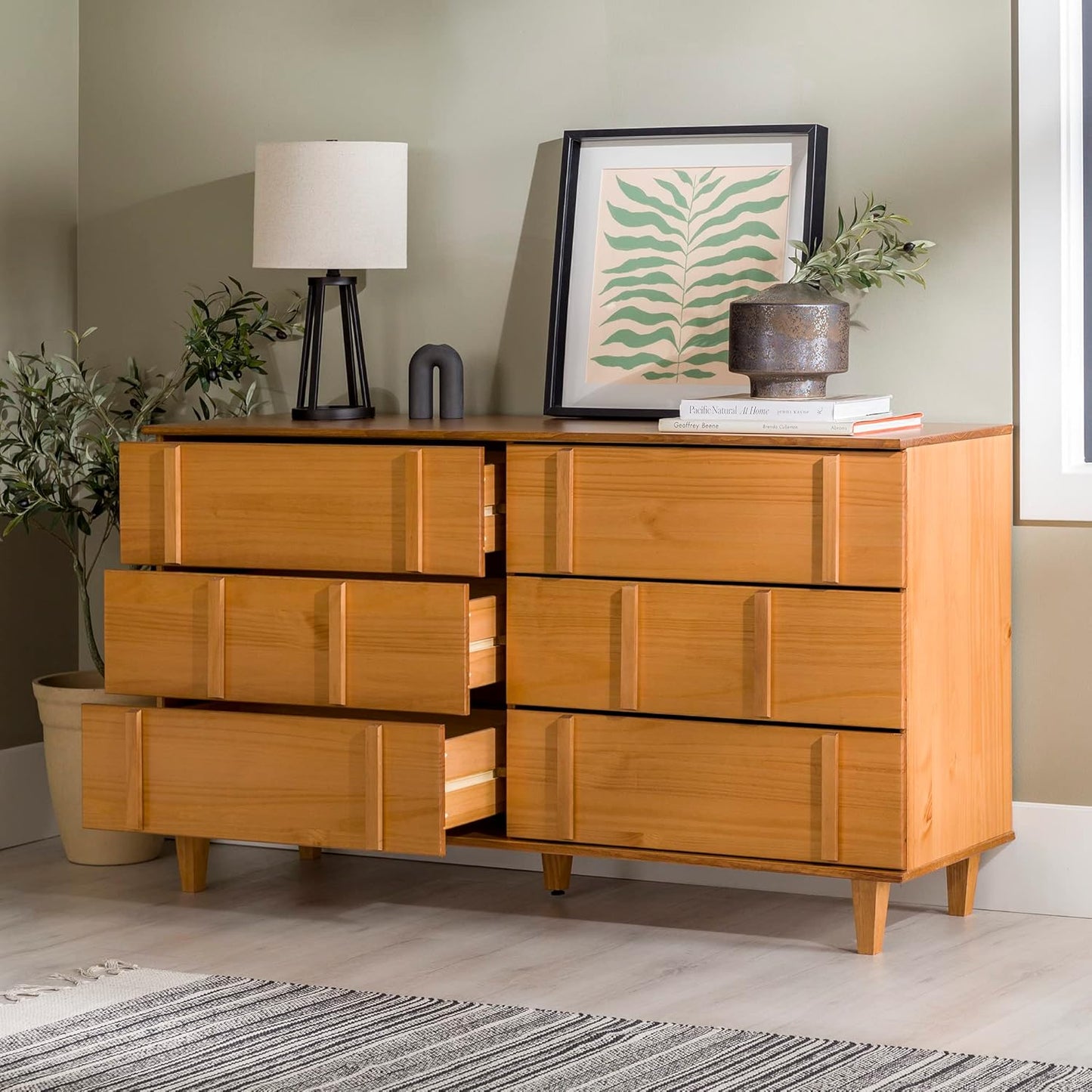 Walker Edison Contemporary Detailed 6-Drawer Solid Wood Dresser, 60 Inch, Caramel