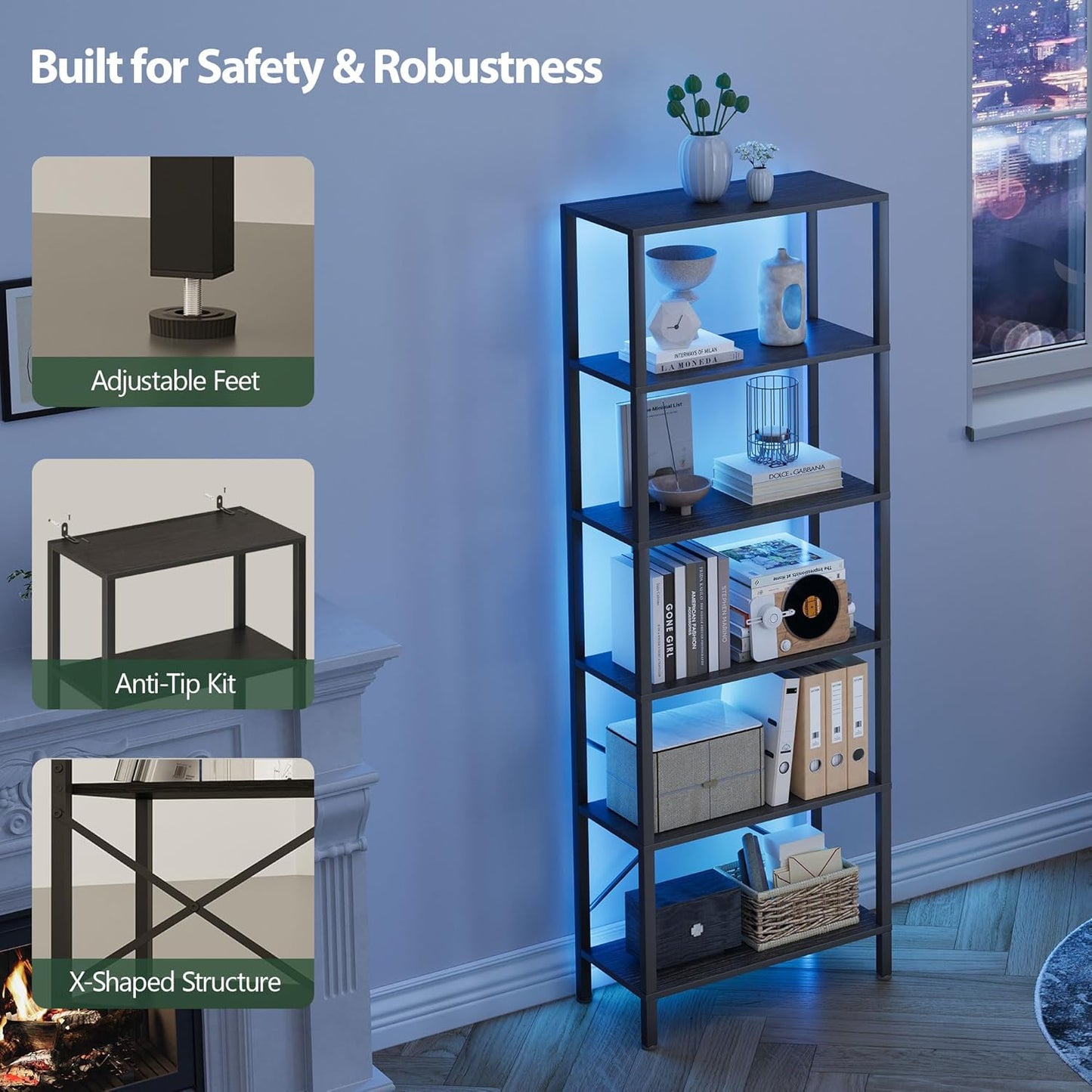 6-Tier Bookshelf, Tall Bookcase with LED Lights, Book Shelf with Steel Frame, 11.2" x 23.6" x 65.4", Display Storage Shelf for Living Room, Bedroom, Home Office, Study, Black