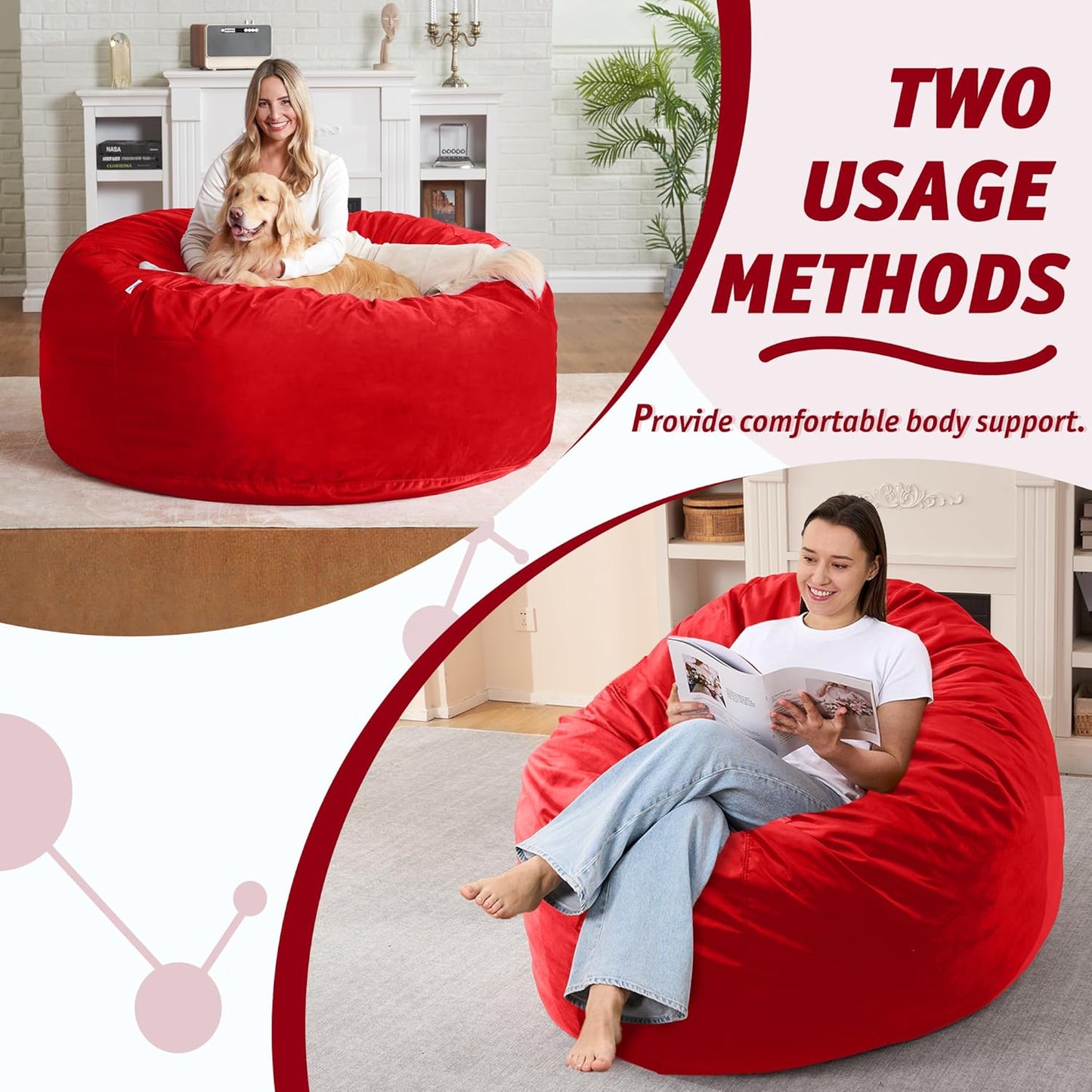 4FT Bean Bag Chair with Ultra Soft Velvet Cover Bean Bag Sofa with Memory Foam Bean Bag Chairs with Large Size Lazy Sofa for Dorm Office Living Room Bedroom Red 4'