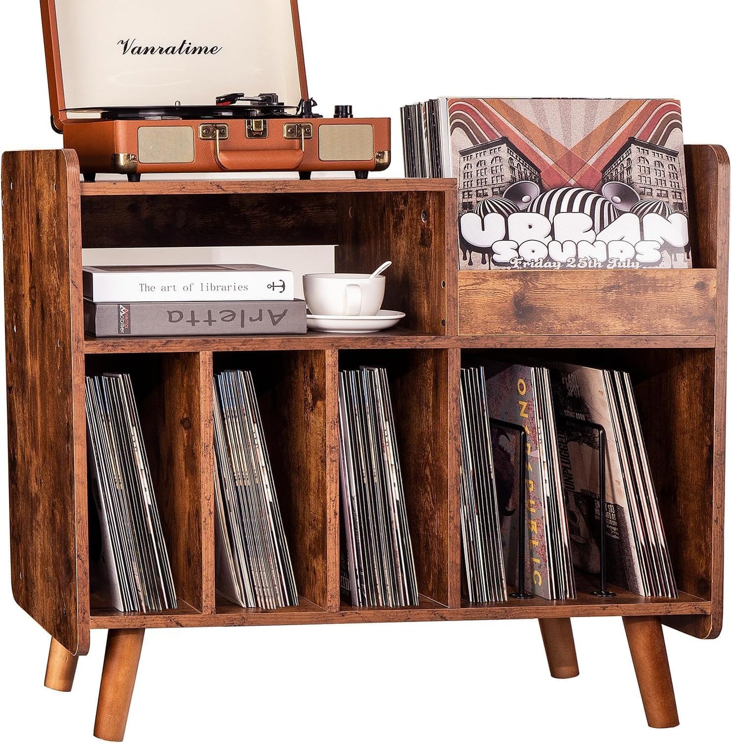 Record Player Stand, Large Record Player Table Cabinet with Open Vinyl Storage and Display Shelf Holds up to 350 Albums, Mid Century Wood Turntable for Living Room, Bedroom (Brown)