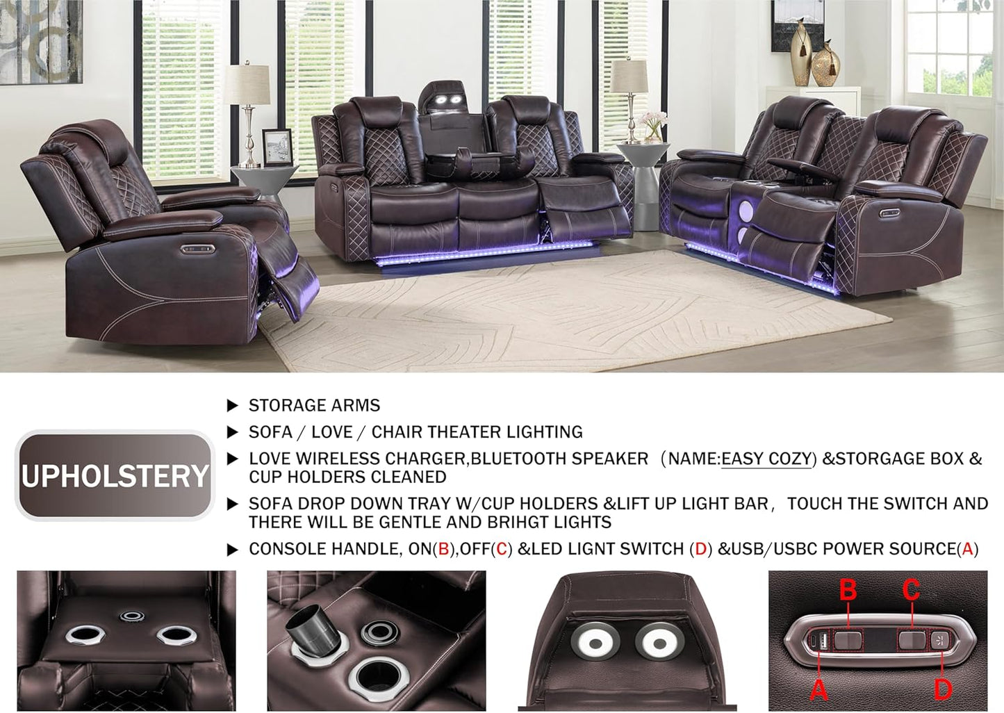 Ball & Cast Power Recliner Sofa Set Leather Reclining Sofa Set Living Room Furniture Set 3PCS Recliner Couch Loveseat & Chair Sets with Coffee Table,Reading Light,Cup Holders for Home Theater Seating