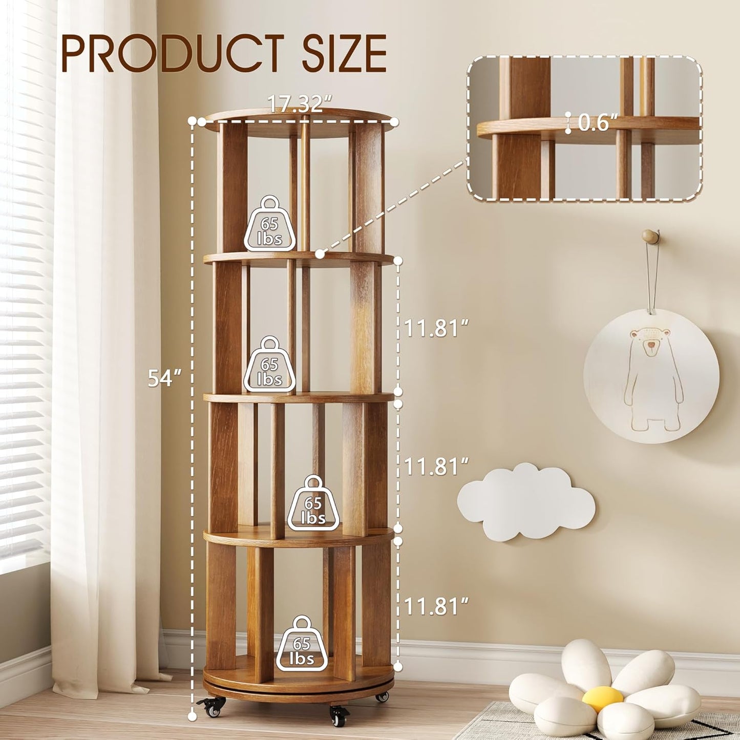 4 Tier Rotating Bookshelf Tower, 360 Spinning Bookcase Carousel with Lockable Wheels, Round Lazy Susan Organizer for Corner Bookshelf, Solid Wood Revolving Bookcase for Kids Room, Bedroom, Living Room