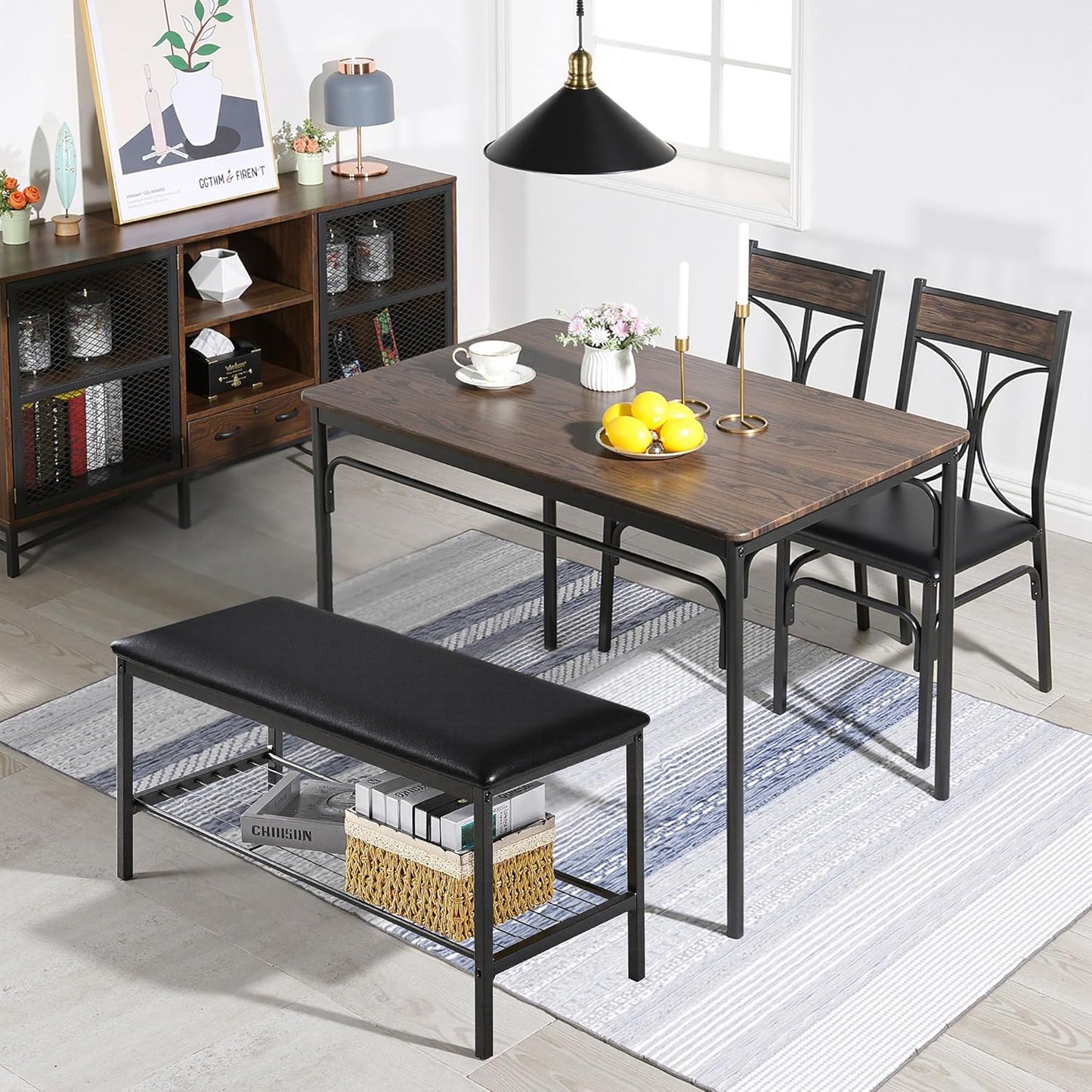 VECELO Kitchen Dining Table Set with Upholstered Bench & 2 Chairs | Space-Saving Compact Design | Perfect for Small Apartments, Breakfast Nooks