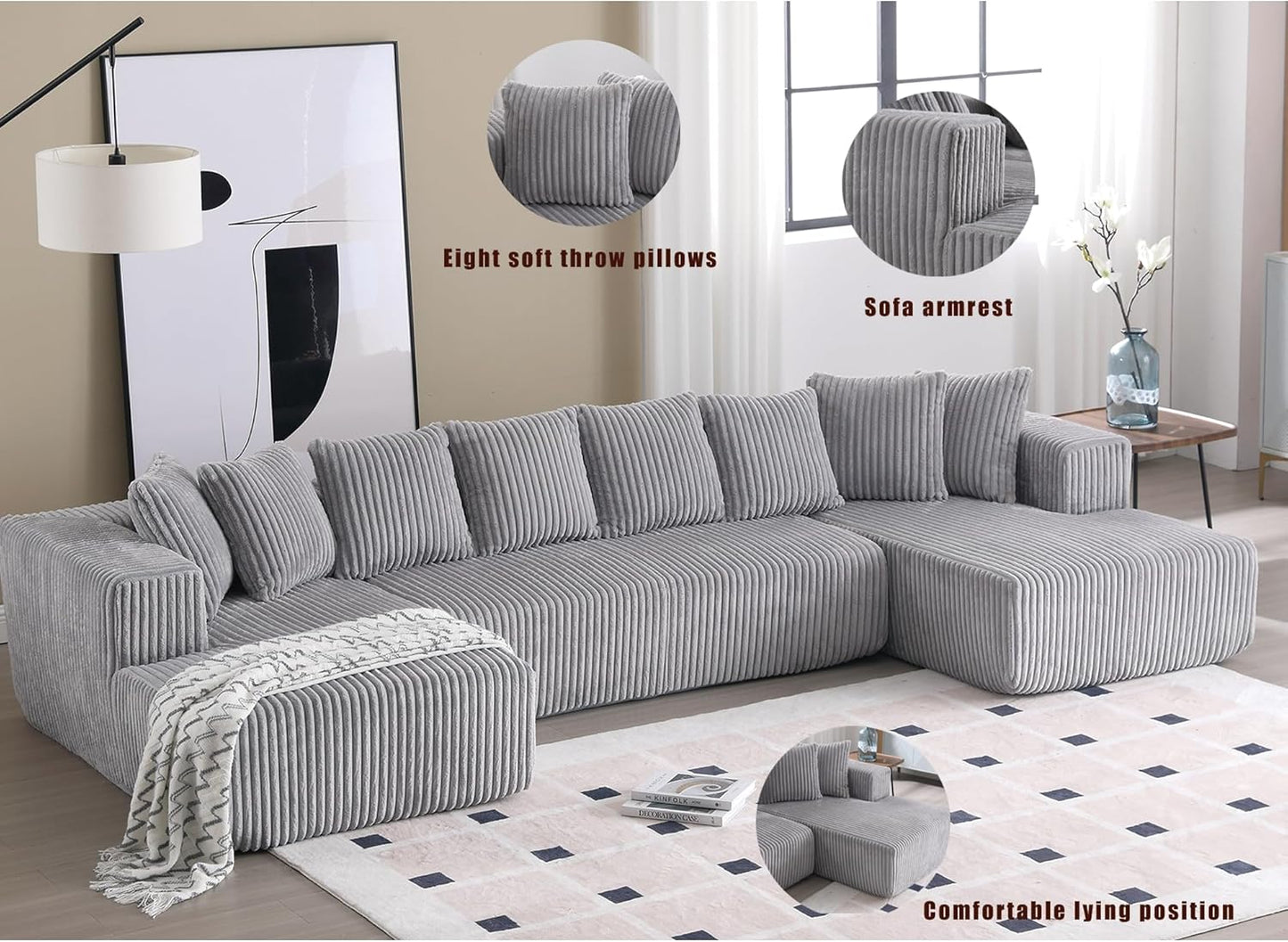 Free Combination Cloud Boneless Modular Sectional Sofa with Chaise Lounge,Modern Minimalist Upholstered Couches, Oversized U Shaped Lounge Sofa Couch w/ 8 Pillows